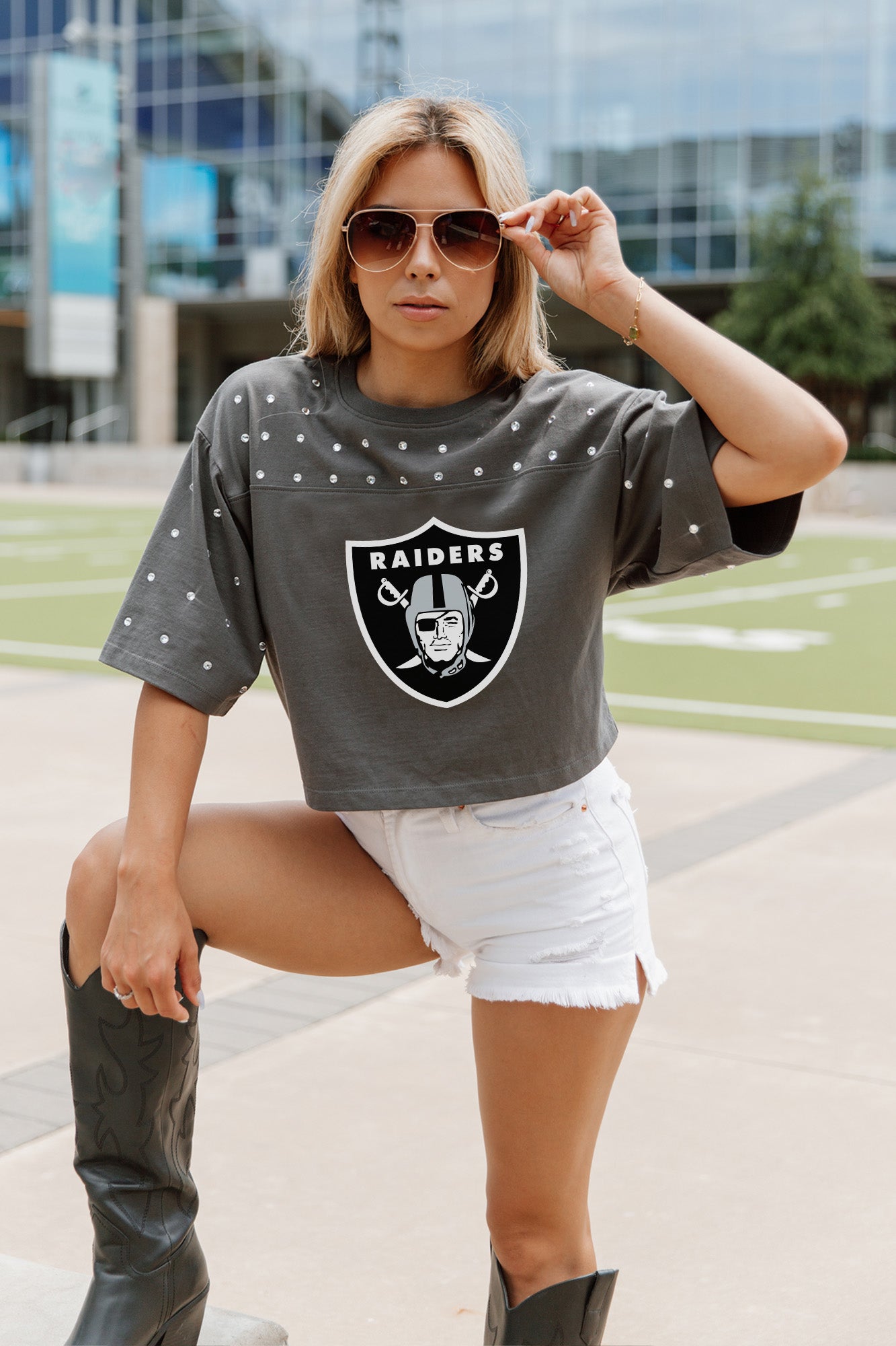 LAS VEGAS RAIDERS MAKING MOVES ALL-OVER RHINESTONE CROPPED TEE WITH YOKE