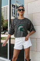 MICHIGAN STATE SPARTANS MAKING MOVES ALL-OVER RHINESTONE CROPPED TEE WITH YOKE