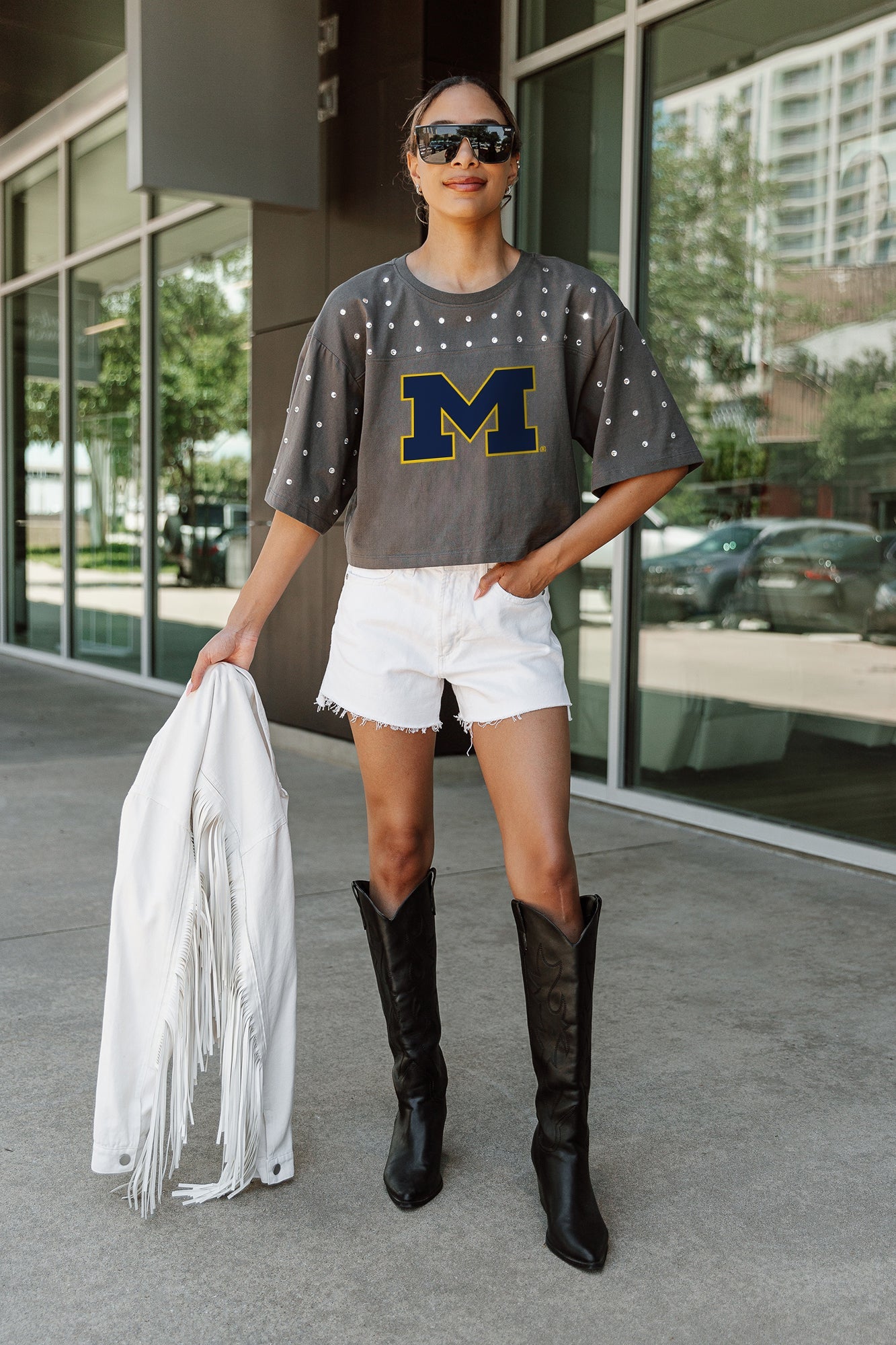 MICHIGAN WOLVERINES MAKING MOVES ALL-OVER RHINESTONE CROPPED TEE WITH YOKE