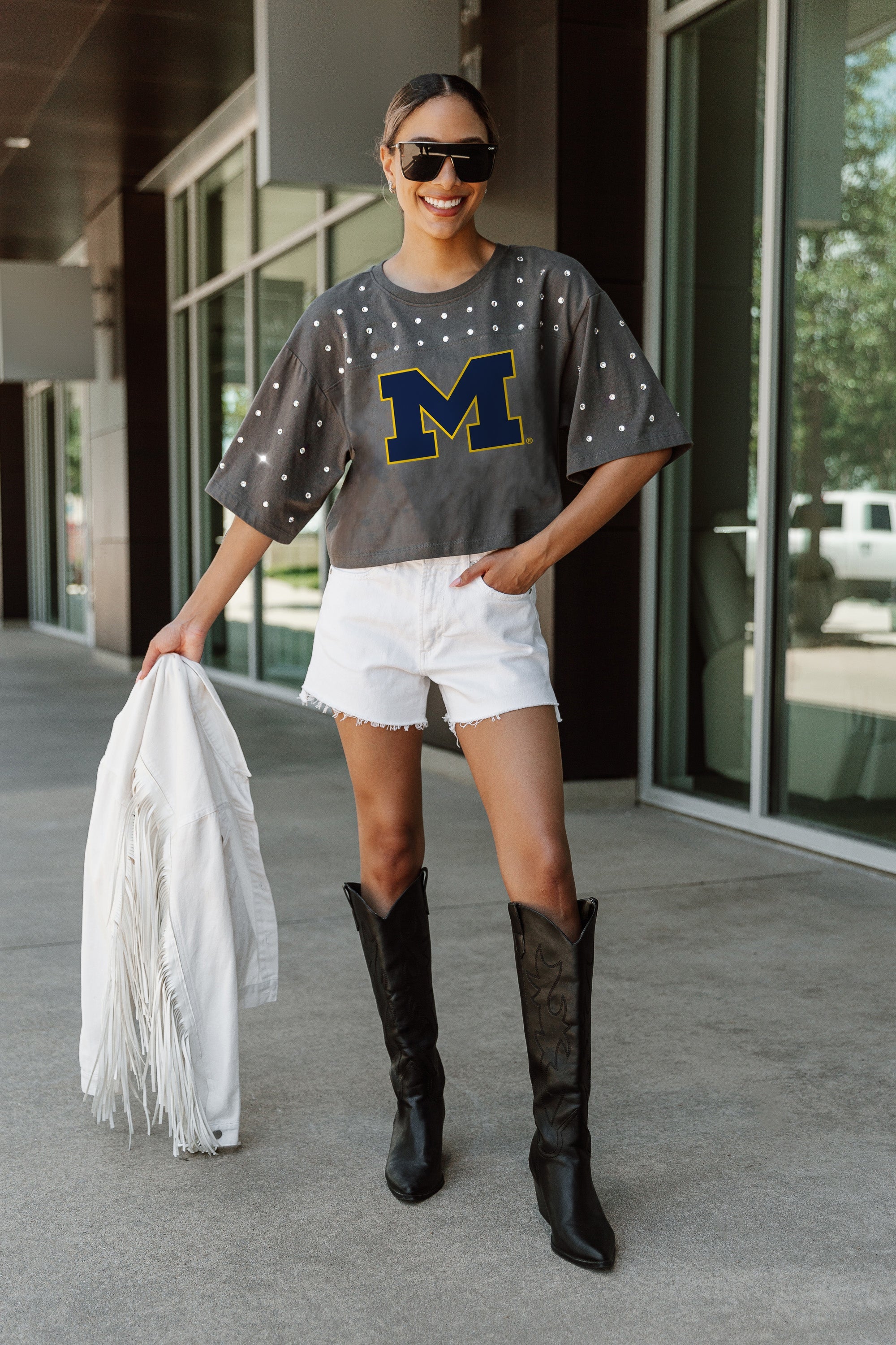 MICHIGAN WOLVERINES MAKING MOVES ALL-OVER RHINESTONE CROPPED TEE WITH YOKE