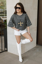 NEW ORLEANS SAINTS MAKING MOVES ALL-OVER RHINESTONE CROPPED TEE WITH YOKE