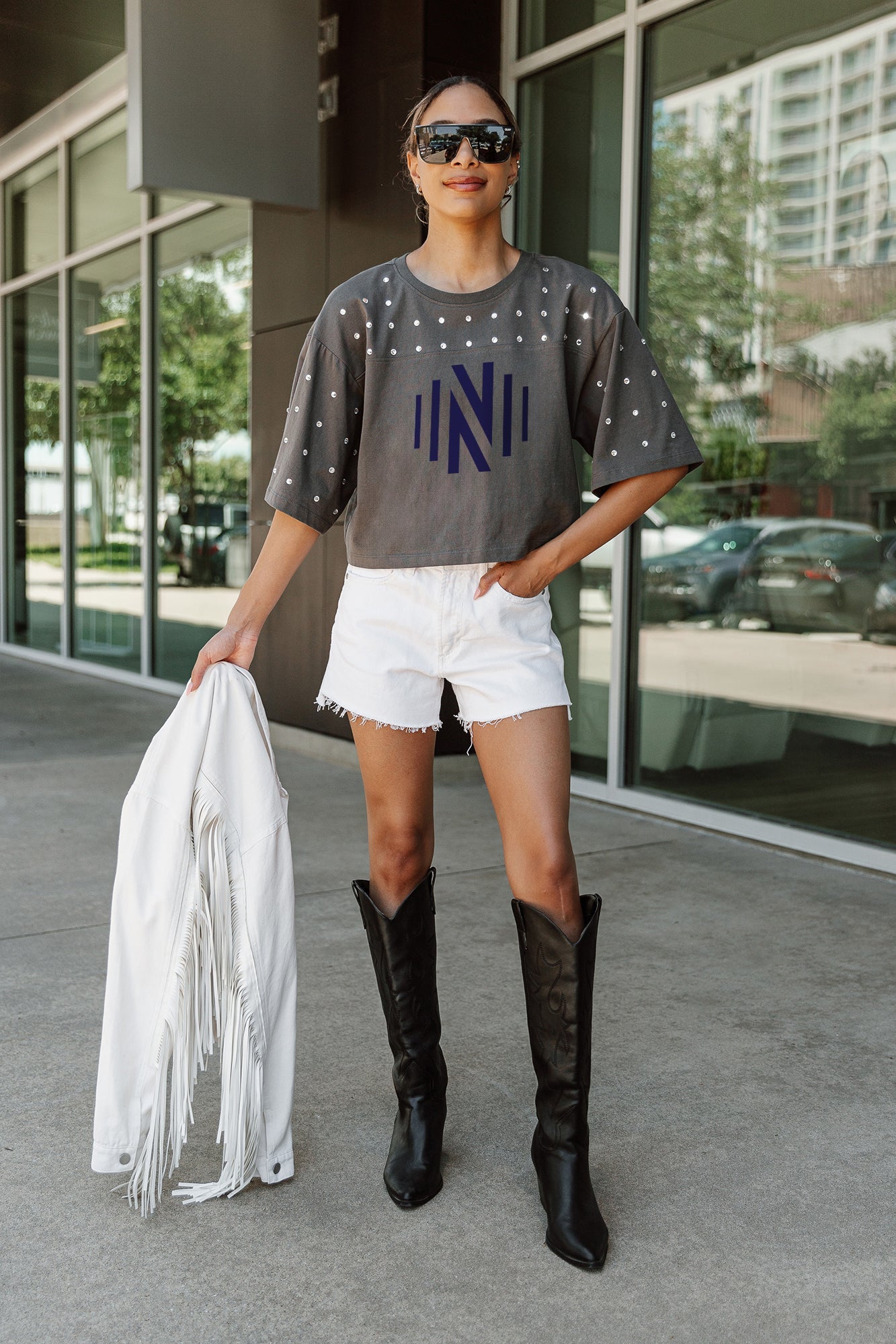 NASHVILLE SC MAKING MOVES ALL-OVER RHINESTONE CROPPED TEE WITH YOKE