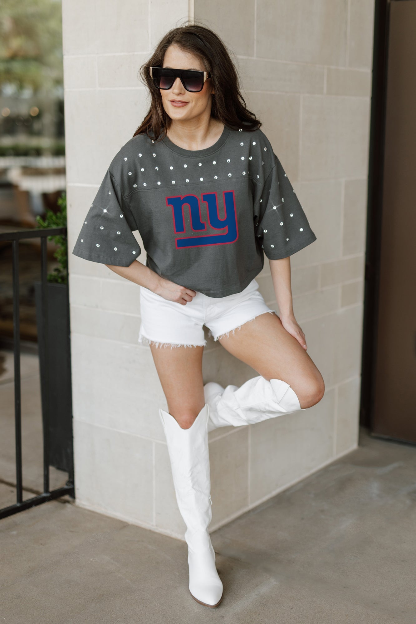 NEW YORK GIANTS MAKING MOVES ALL-OVER RHINESTONE CROPPED TEE WITH YOKE