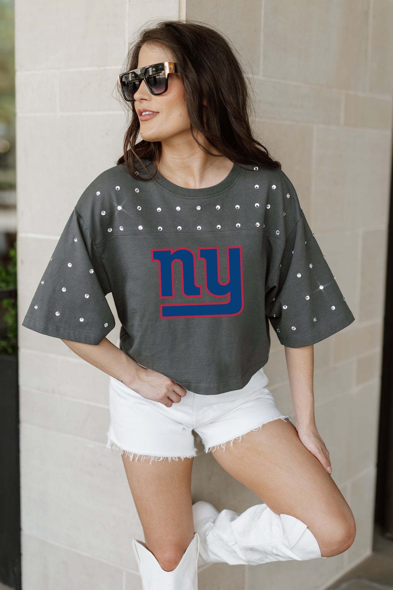 NEW YORK GIANTS MAKING MOVES ALL-OVER RHINESTONE CROPPED TEE WITH YOKE