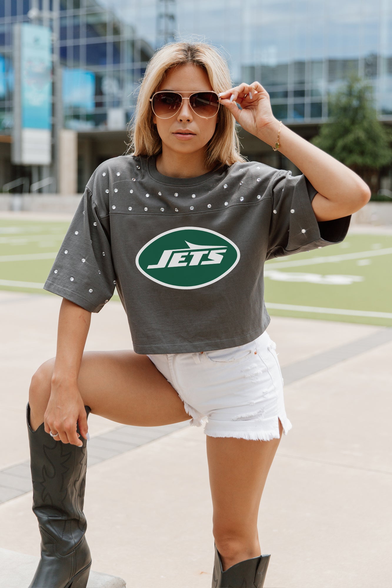 NEW YORK JETS MAKING MOVES ALL-OVER RHINESTONE CROPPED TEE WITH YOKE