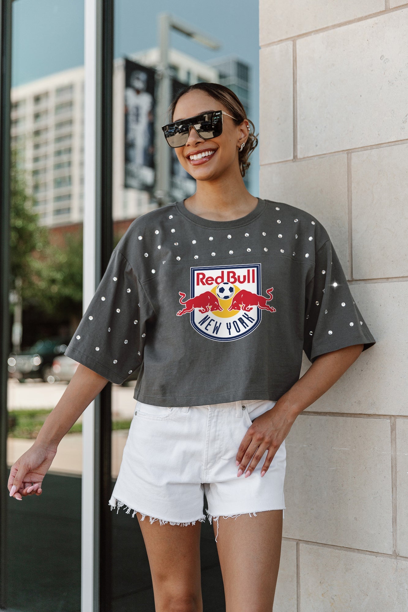 NEW YORK RED BULLS MAKING MOVES ALL-OVER RHINESTONE CROPPED TEE WITH YOKE