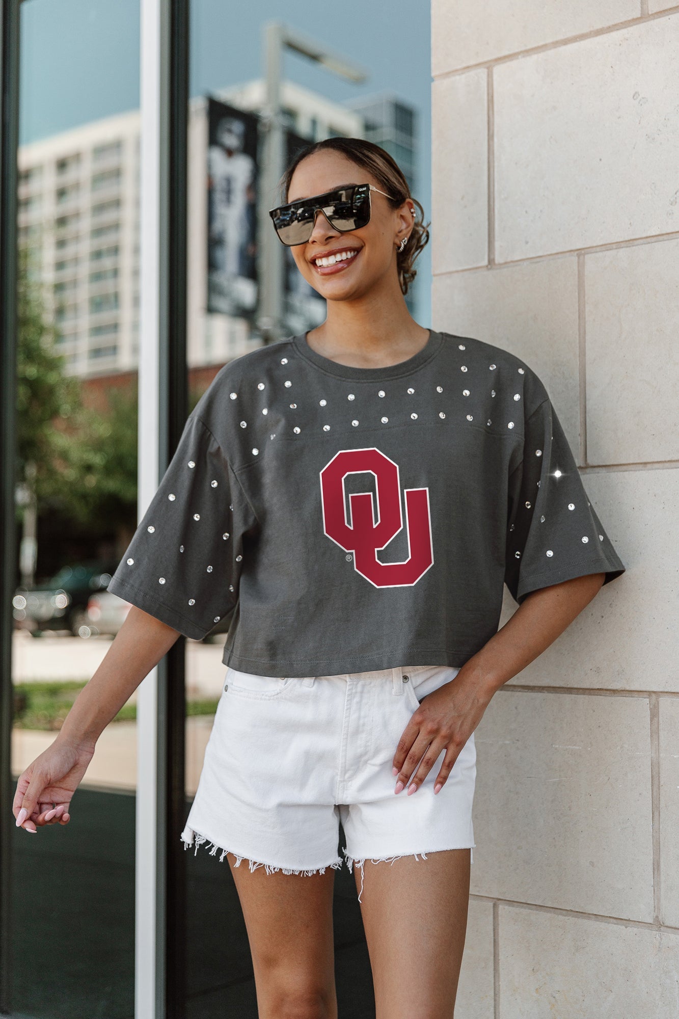 OKLAHOMA SOONERS MAKING MOVES ALL-OVER RHINESTONE CROPPED TEE WITH YOKE