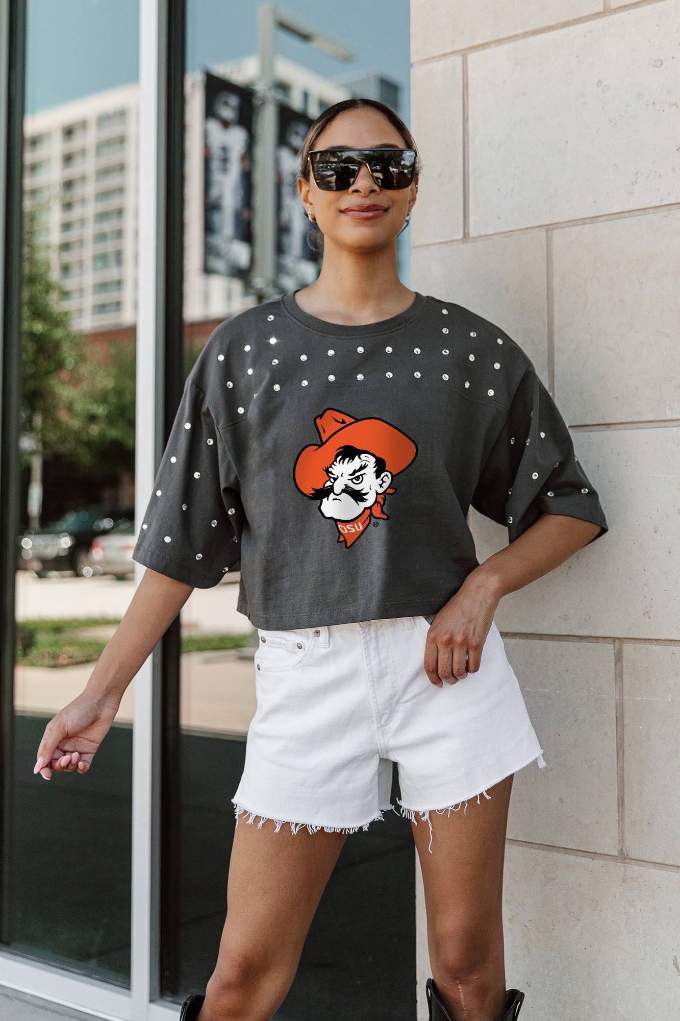 OKLAHOMA STATE COWBOYS MAKING MOVES ALL-OVER RHINESTONE CROPPED TEE WITH YOKE