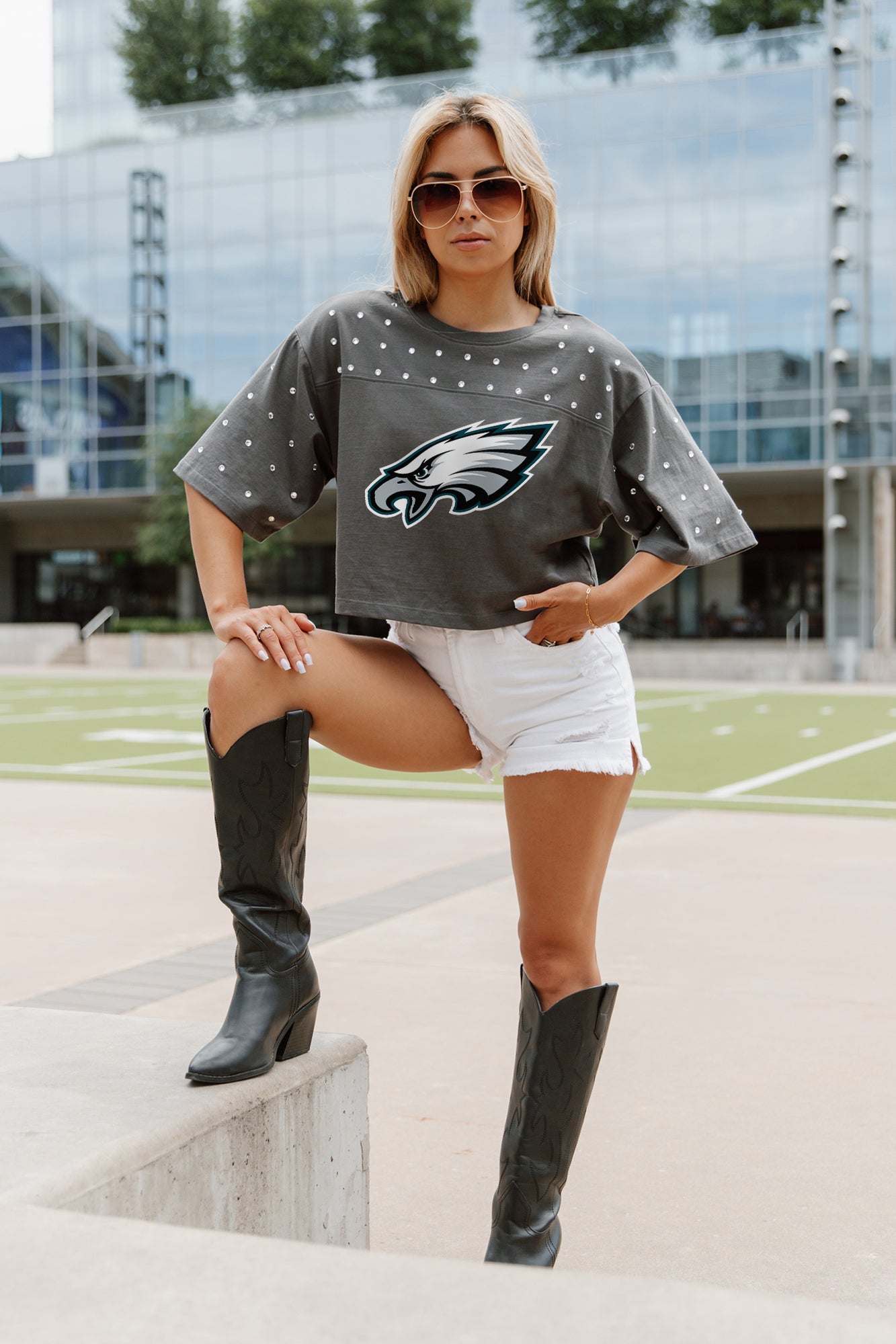 PHILADELPHIA EAGLES MAKING MOVES ALL-OVER RHINESTONE CROPPED TEE WITH YOKE