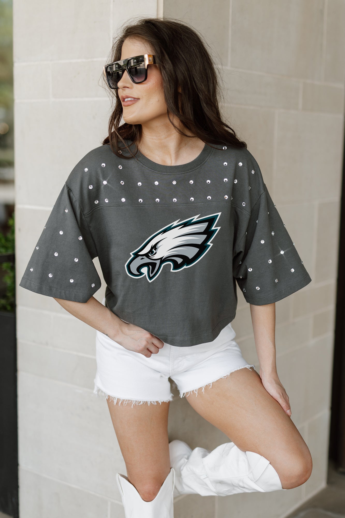 PHILADELPHIA EAGLES MAKING MOVES ALL-OVER RHINESTONE CROPPED TEE WITH YOKE