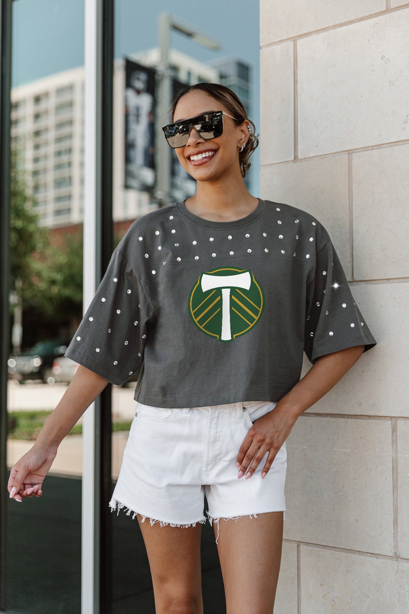 PORTLAND TIMBERS MAKING MOVES ALL-OVER RHINESTONE CROPPED TEE WITH YOKE