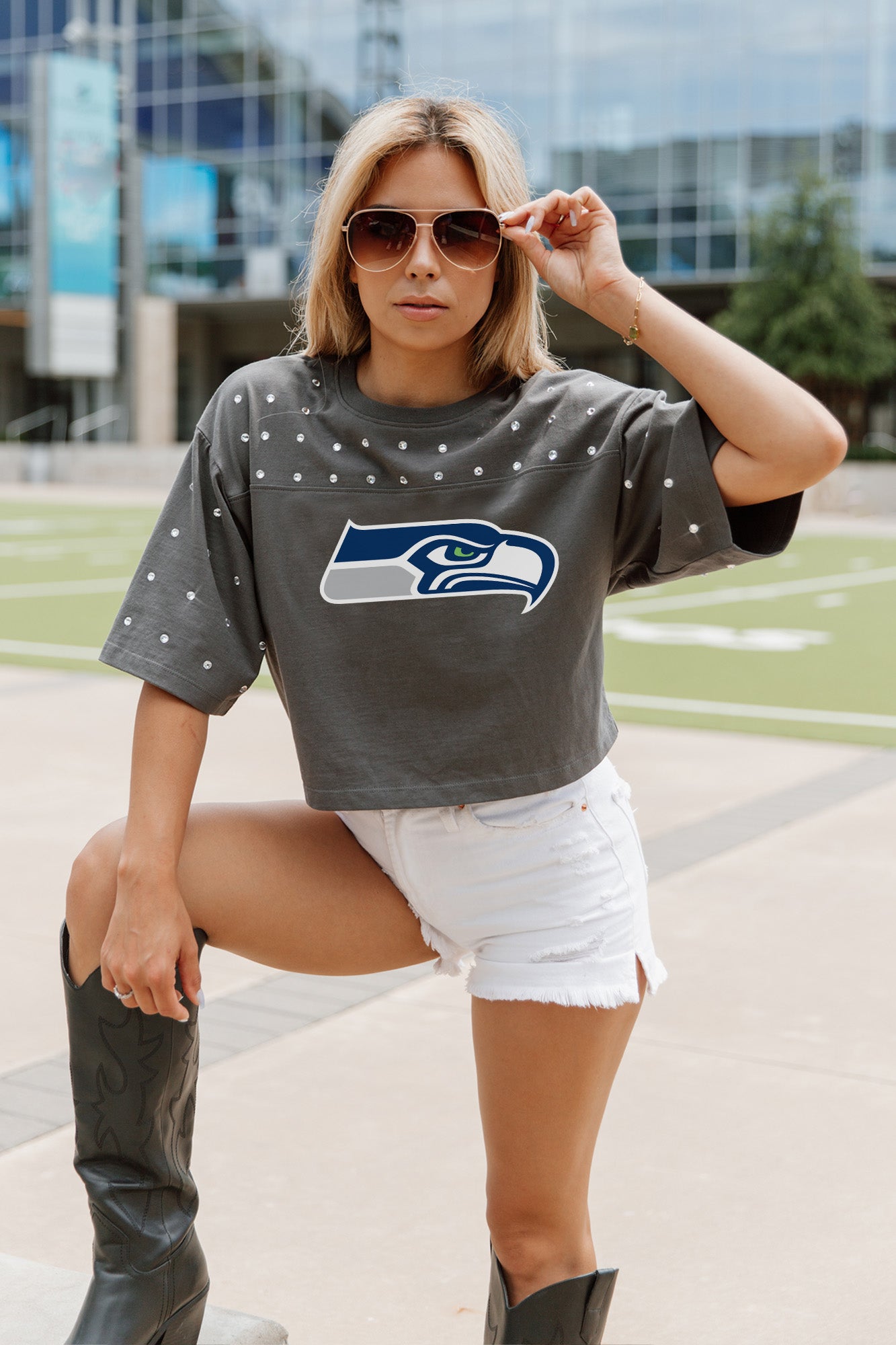 SEATTLE SEAHAWKS MAKING MOVES ALL-OVER RHINESTONE CROPPED TEE WITH YOKE