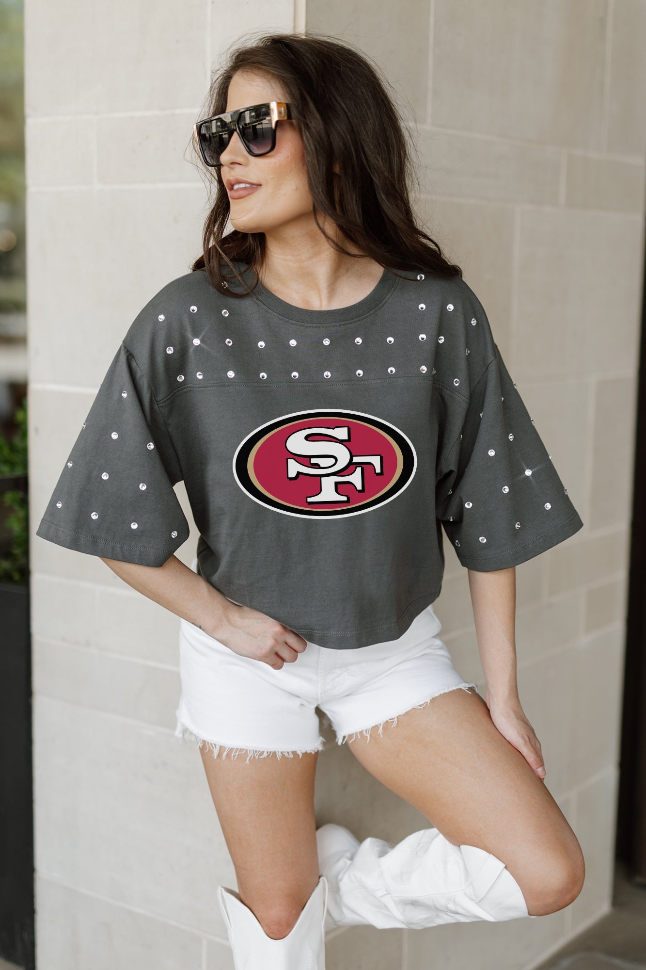 SAN FRANCISCO 49ERS MAKING MOVES ALL-OVER RHINESTONE CROPPED TEE WITH YOKE