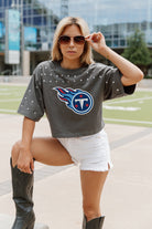 TENNESSEE TITANS MAKING MOVES ALL-OVER RHINESTONE CROPPED TEE WITH YOKE