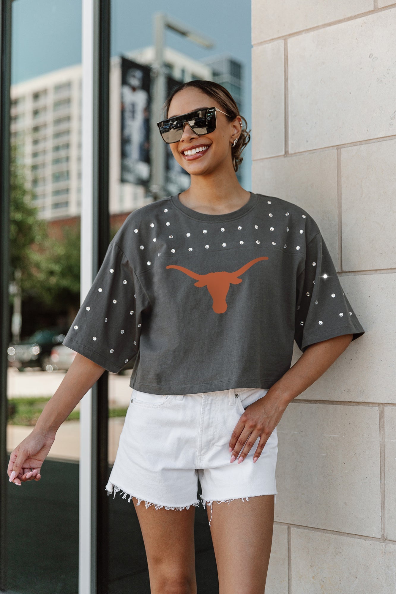 TEXAS LONGHORNS MAKING MOVES ALL-OVER RHINESTONE CROPPED TEE WITH YOKE