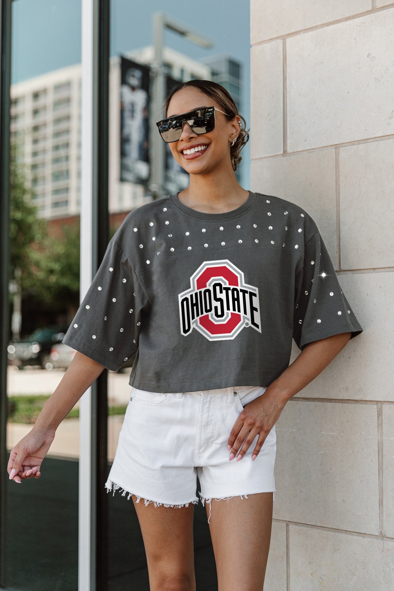 OHIO STATE BUCKEYES MAKING MOVES ALL-OVER RHINESTONE CROPPED TEE WITH YOKE