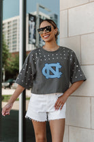 NORTH CAROLINA TAR HEELS MAKING MOVES ALL-OVER RHINESTONE CROPPED TEE WITH YOKE