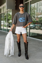 NORTH CAROLINA TAR HEELS MAKING MOVES ALL-OVER RHINESTONE CROPPED TEE WITH YOKE