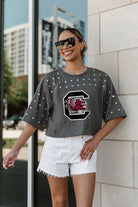 SOUTH CAROLINA GAMECOCKS MAKING MOVES ALL-OVER RHINESTONE CROPPED TEE WITH YOKE