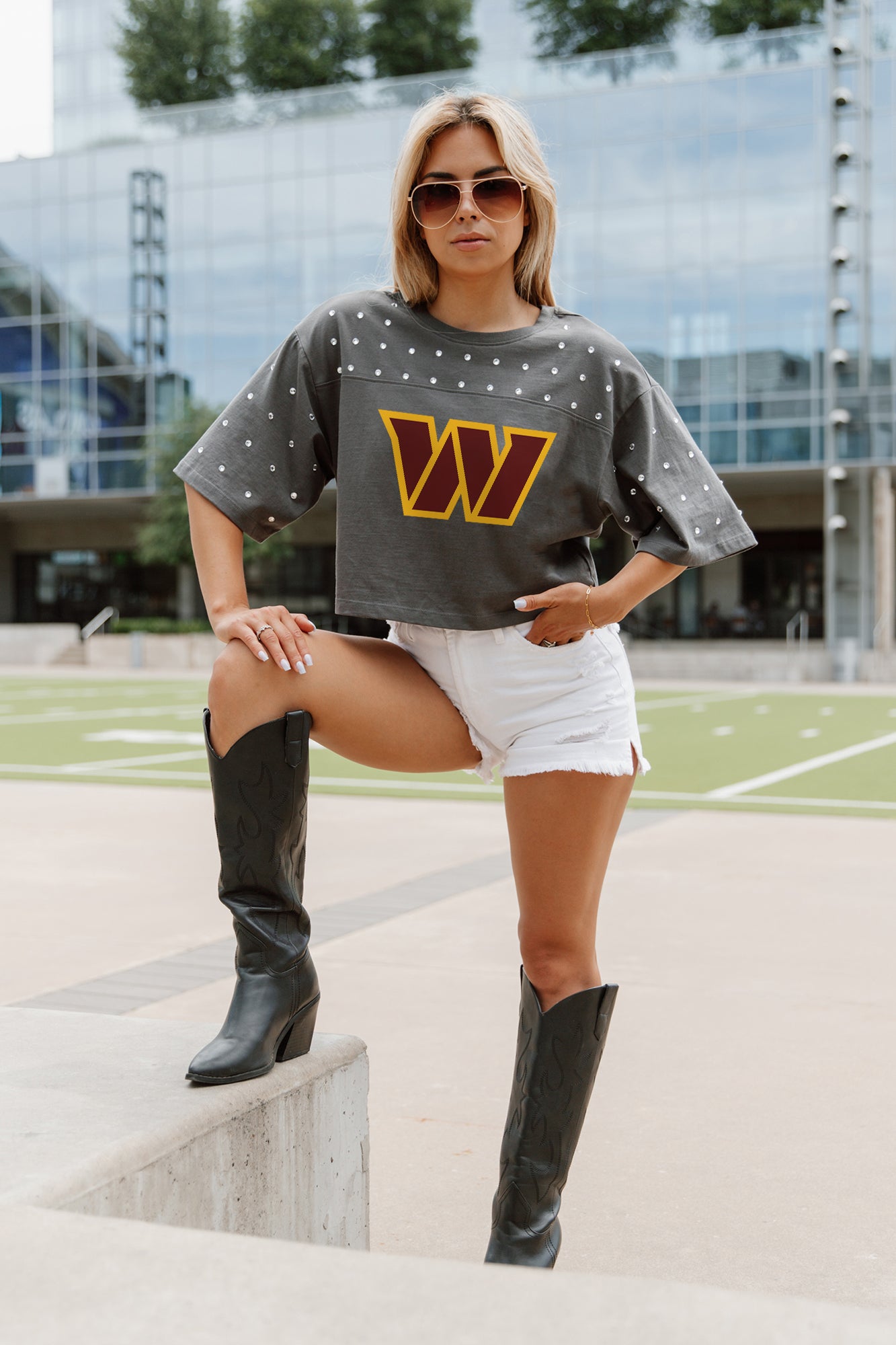 WASHINGTON COMMANDERS MAKING MOVES ALL-OVER RHINESTONE CROPPED TEE WITH YOKE