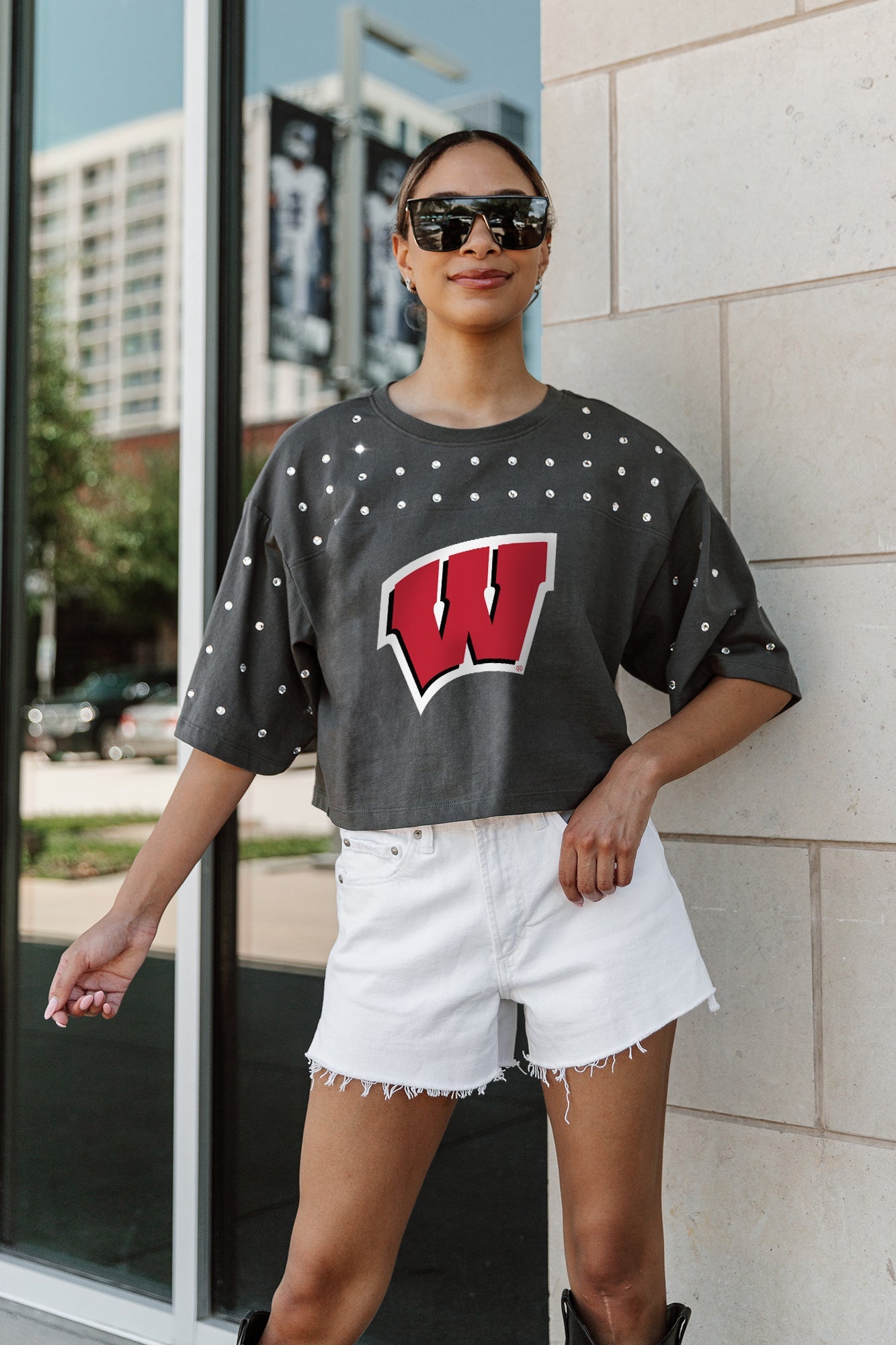 WISCONSIN BADGERS MAKING MOVES ALL-OVER RHINESTONE CROPPED TEE WITH YOKE