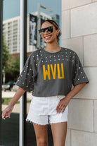 WEST VIRGINIA MOUNTAINEERS MAKING MOVES ALL-OVER RHINESTONE CROPPED TEE WITH YOKE