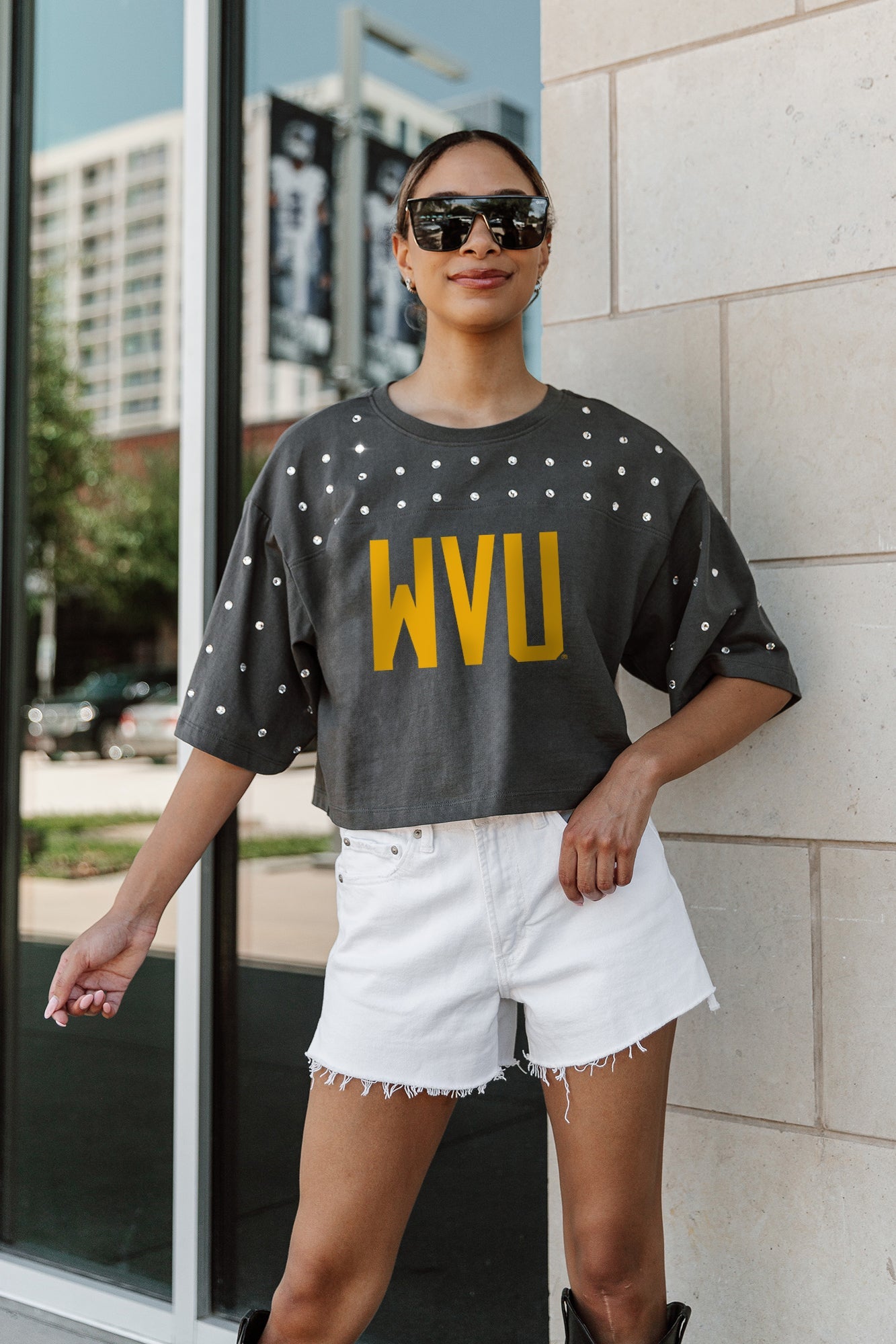 WEST VIRGINIA MOUNTAINEERS MAKING MOVES ALL-OVER RHINESTONE CROPPED TEE WITH YOKE