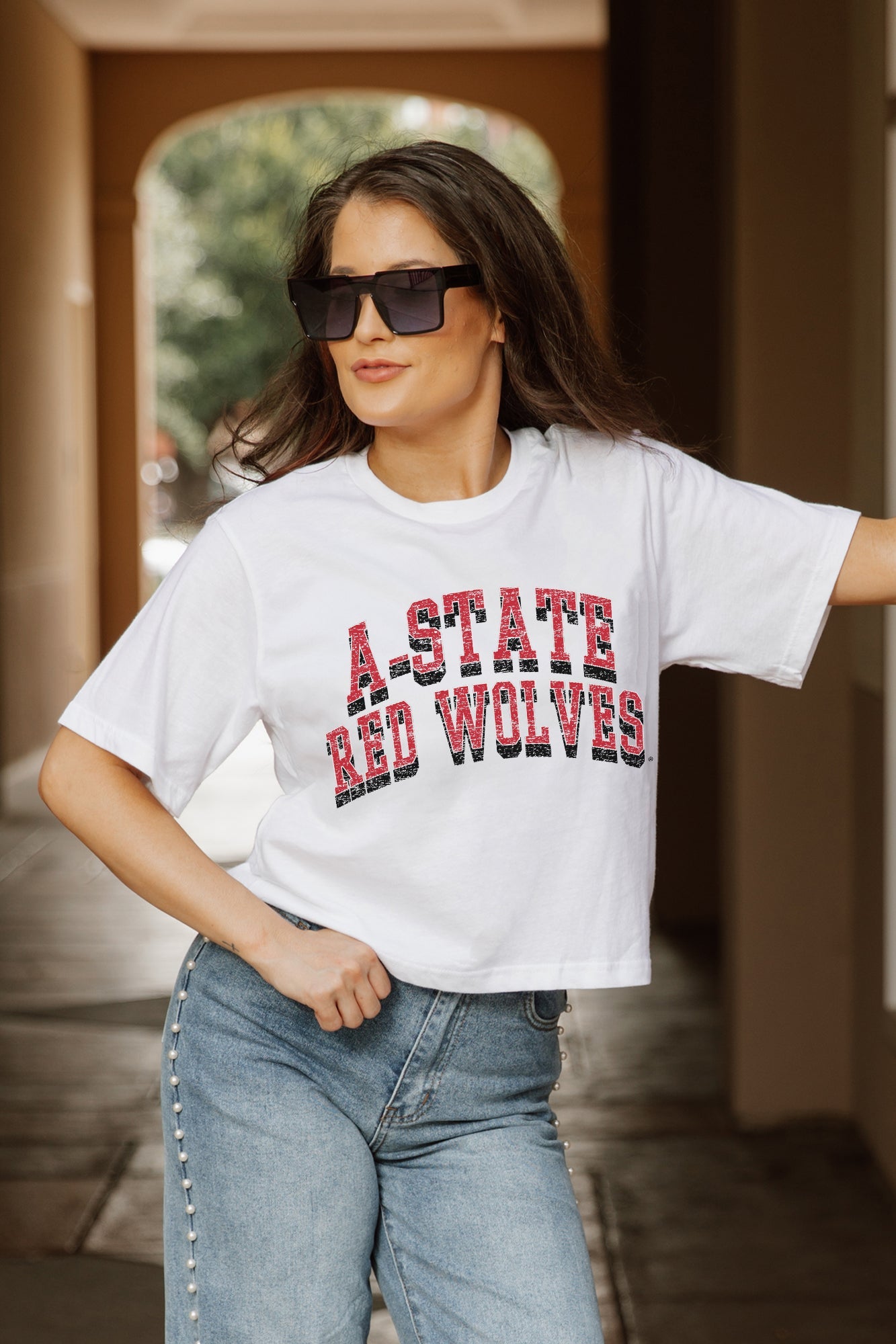 ARKANSAS STATE RED WOLVES CLAIM TO FAME BOXY FIT WOMEN'S CROPPED TEE