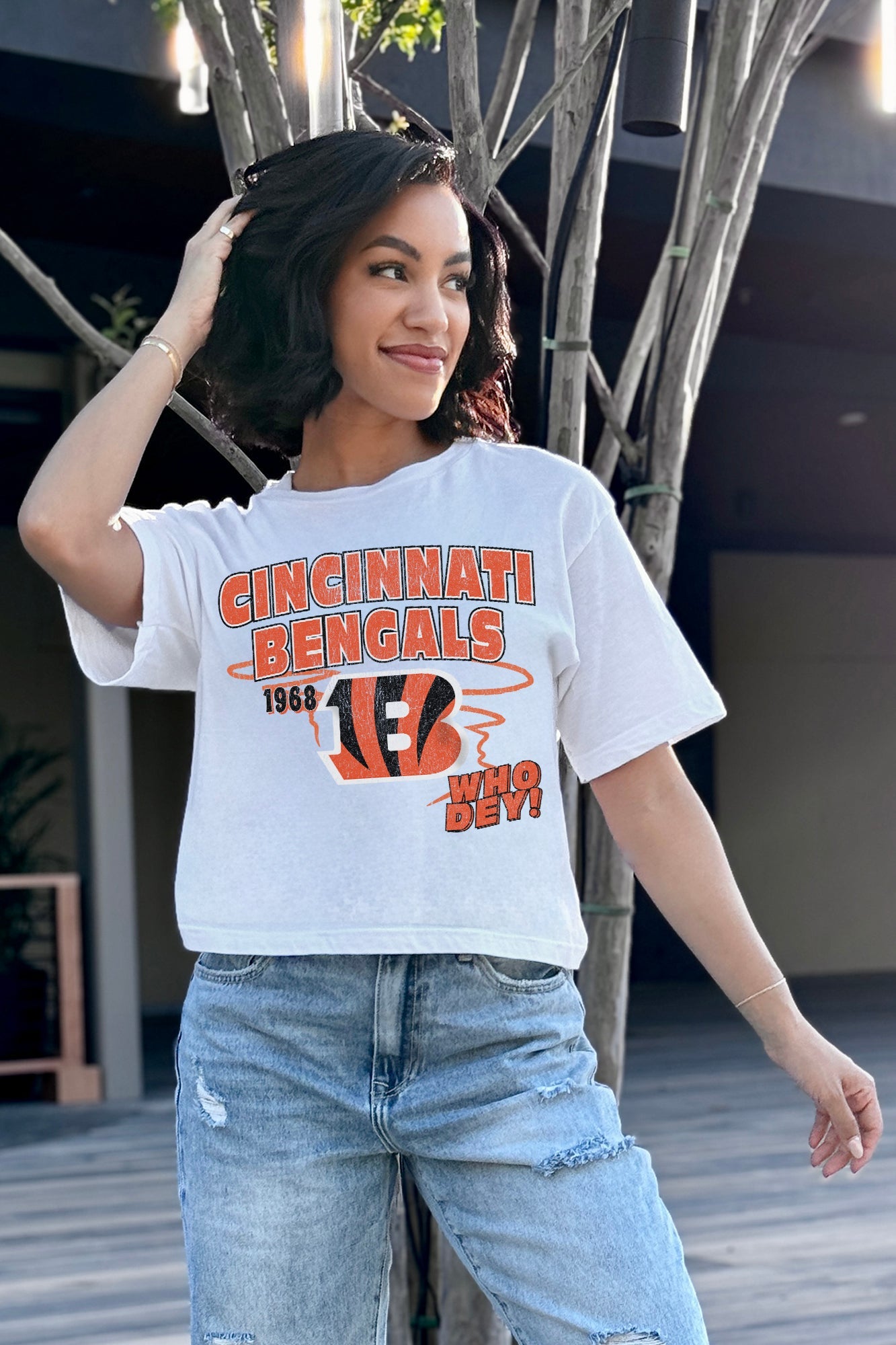 CINCINNATI BENGALS GAMEDAY GOALS BOXY FIT WOMEN'S CROP TEE