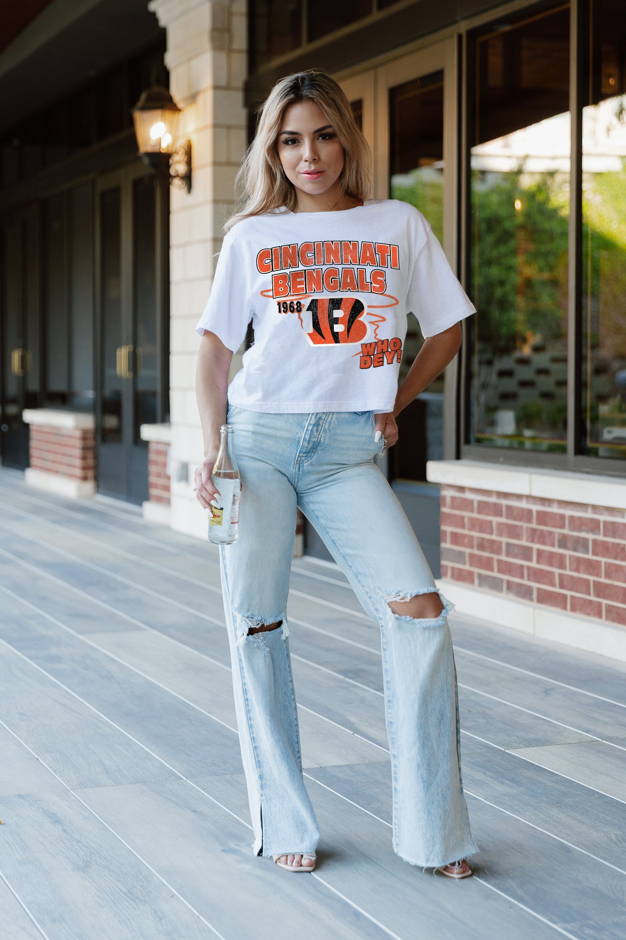 CINCINNATI BENGALS GAMEDAY GOALS BOXY FIT WOMEN'S CROP TEE