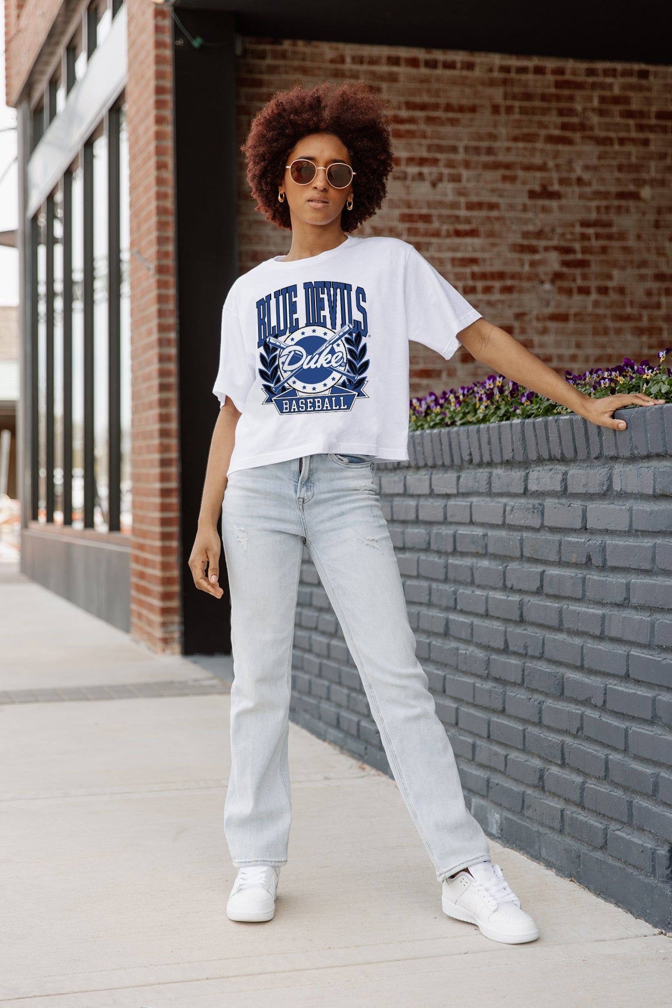 DUKE BLUE DEVILS BASES LOADED BOXY FIT WOMEN'S CROP TEE