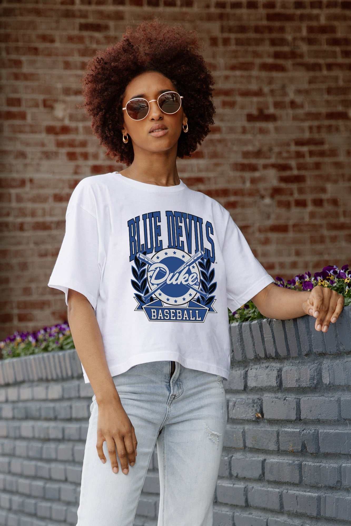 DUKE BLUE DEVILS BASES LOADED BOXY FIT WOMEN'S CROP TEE