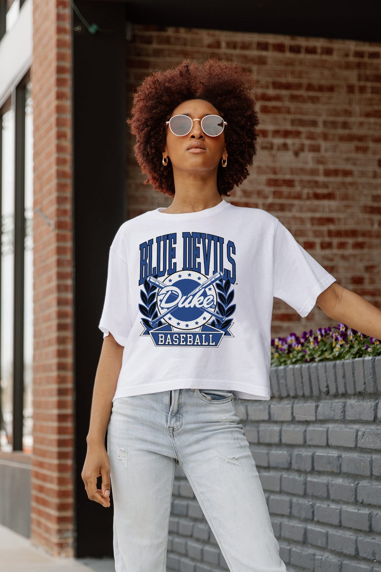 DUKE BLUE DEVILS BASES LOADED BOXY FIT WOMEN'S CROP TEE