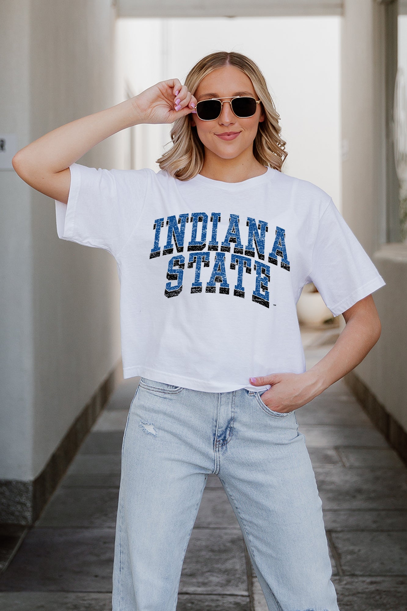 INDIANA STATE SYCAMORES CLAIM TO FAME BOXY FIT WOMEN'S CROPPED TEE