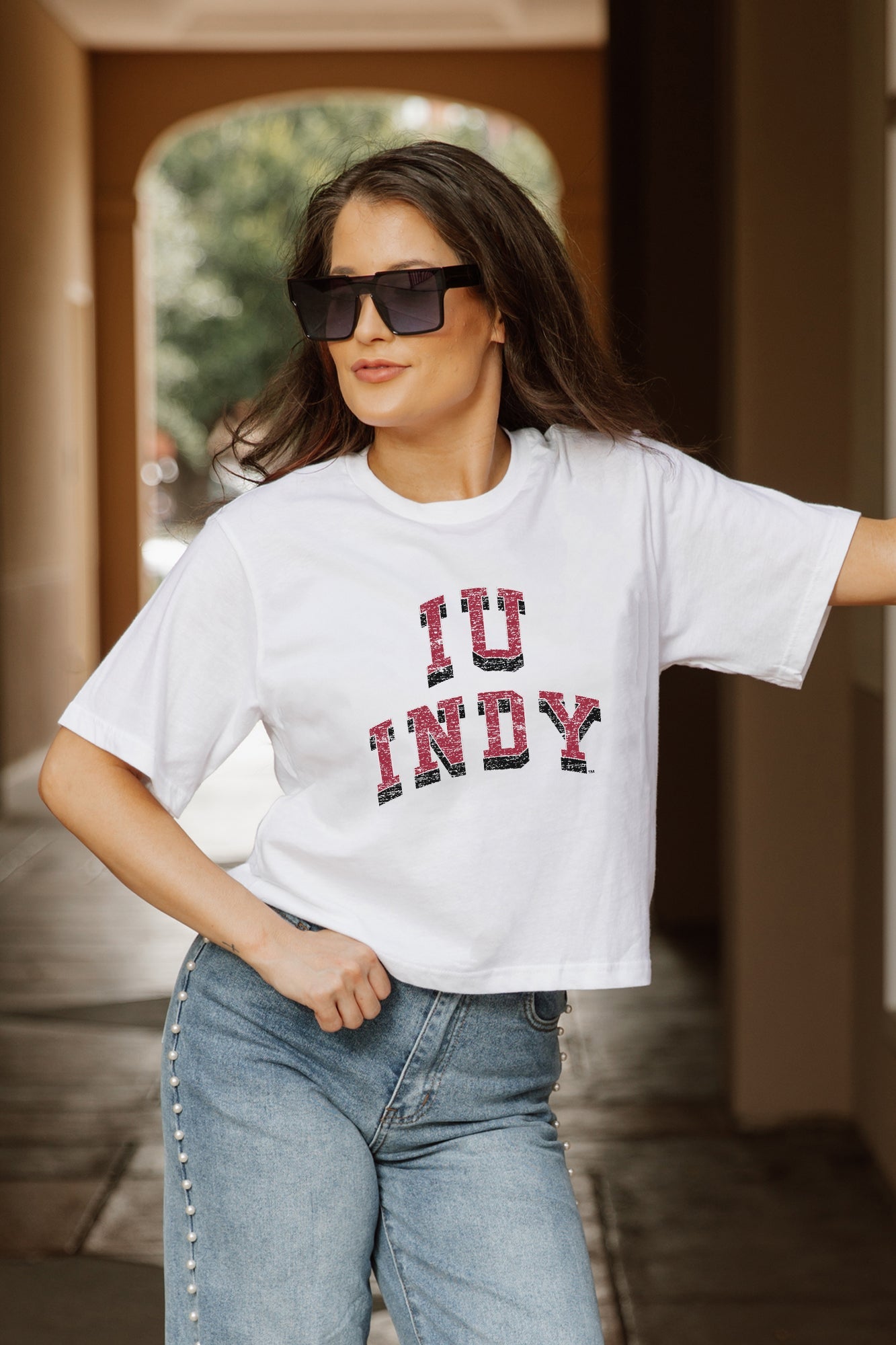 IUPUI JAGUARS CLAIM TO FAME BOXY FIT WOMEN'S CROPPED TEE