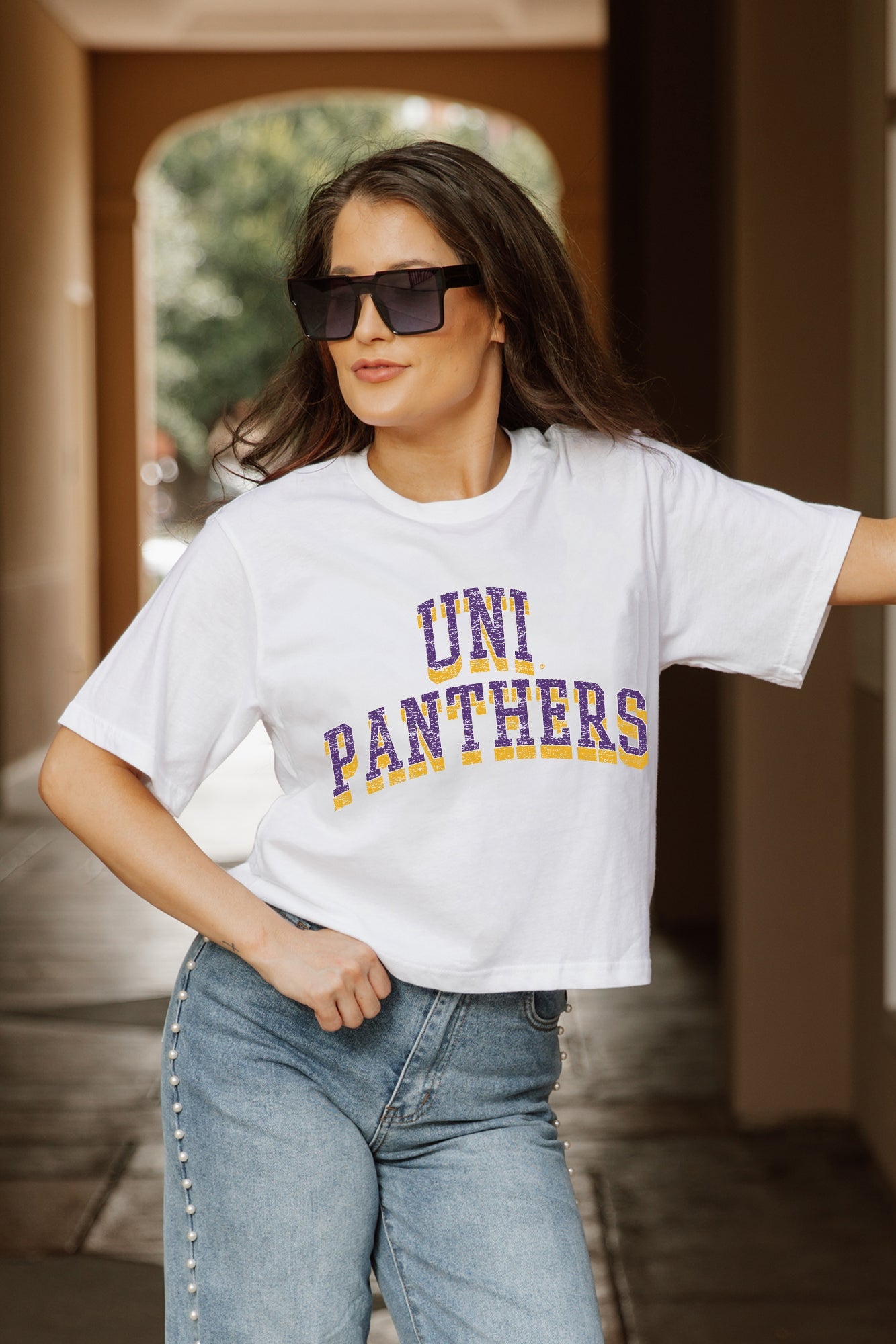 NORTHERN IOWA PANTHERS CLAIM TO FAME BOXY FIT WOMEN'S CROPPED TEE