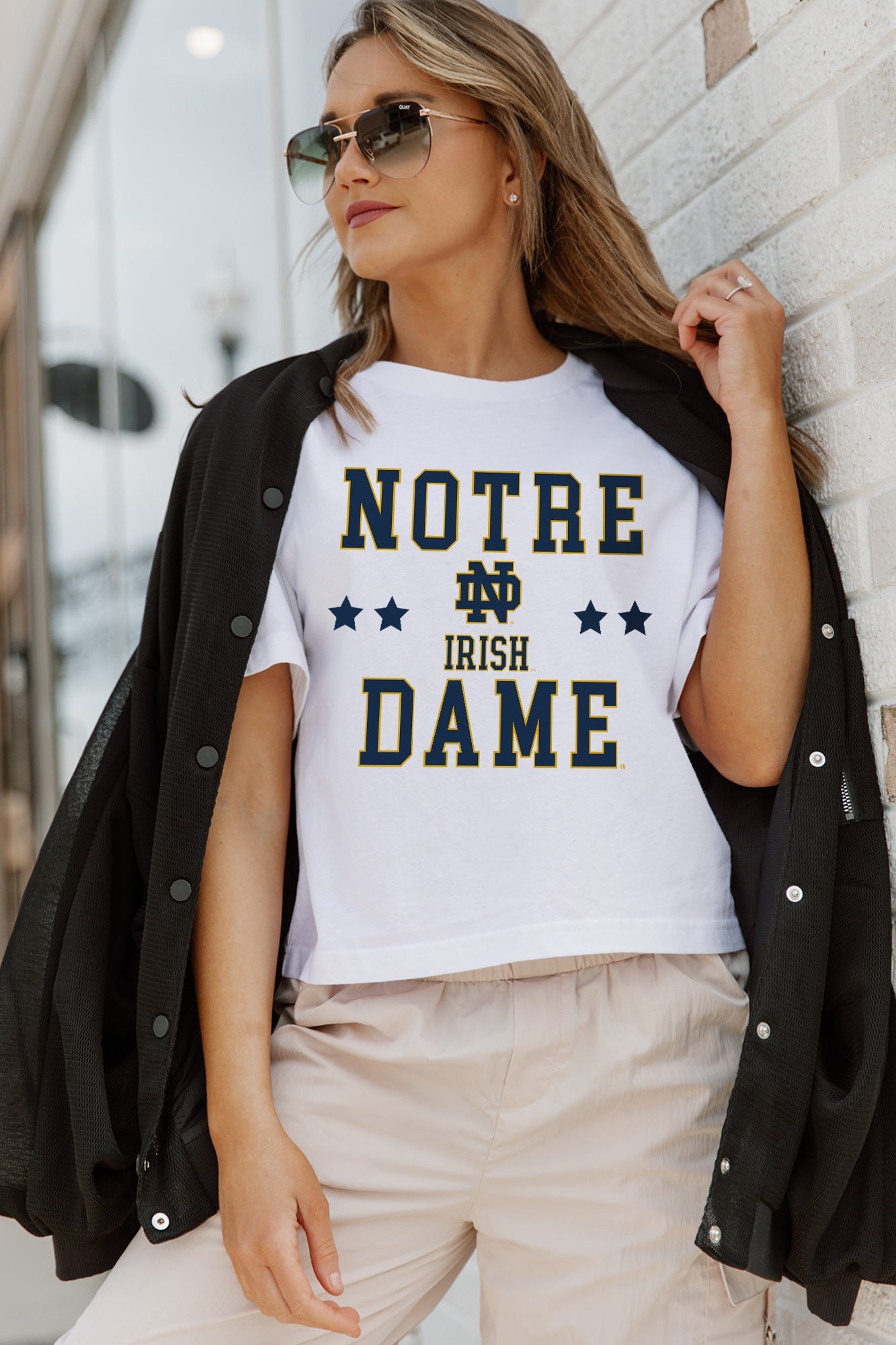 NOTRE DAME FIGHTING IRISH (SOHO) TO THE POINT BOXY FIT WOMEN'S CROP TEE