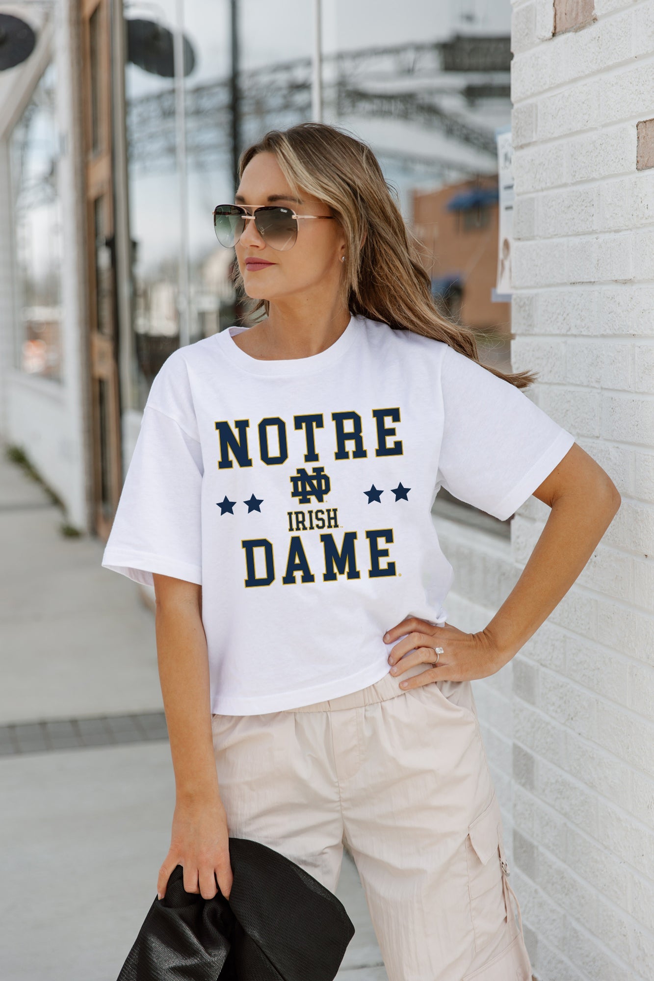 NOTRE DAME FIGHTING IRISH (SOHO) TO THE POINT BOXY FIT WOMEN'S CROP TEE