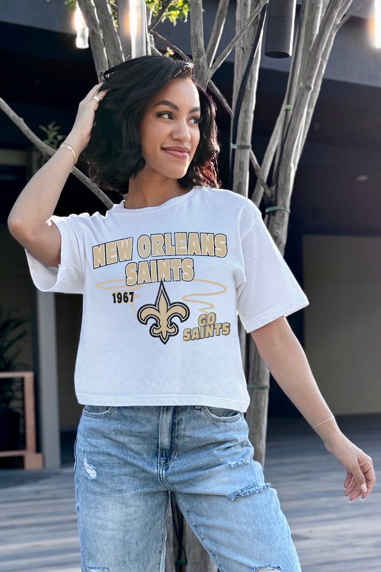 NEW ORLEANS SAINTS GAMEDAY GOALS BOXY FIT WOMEN'S CROP TEE