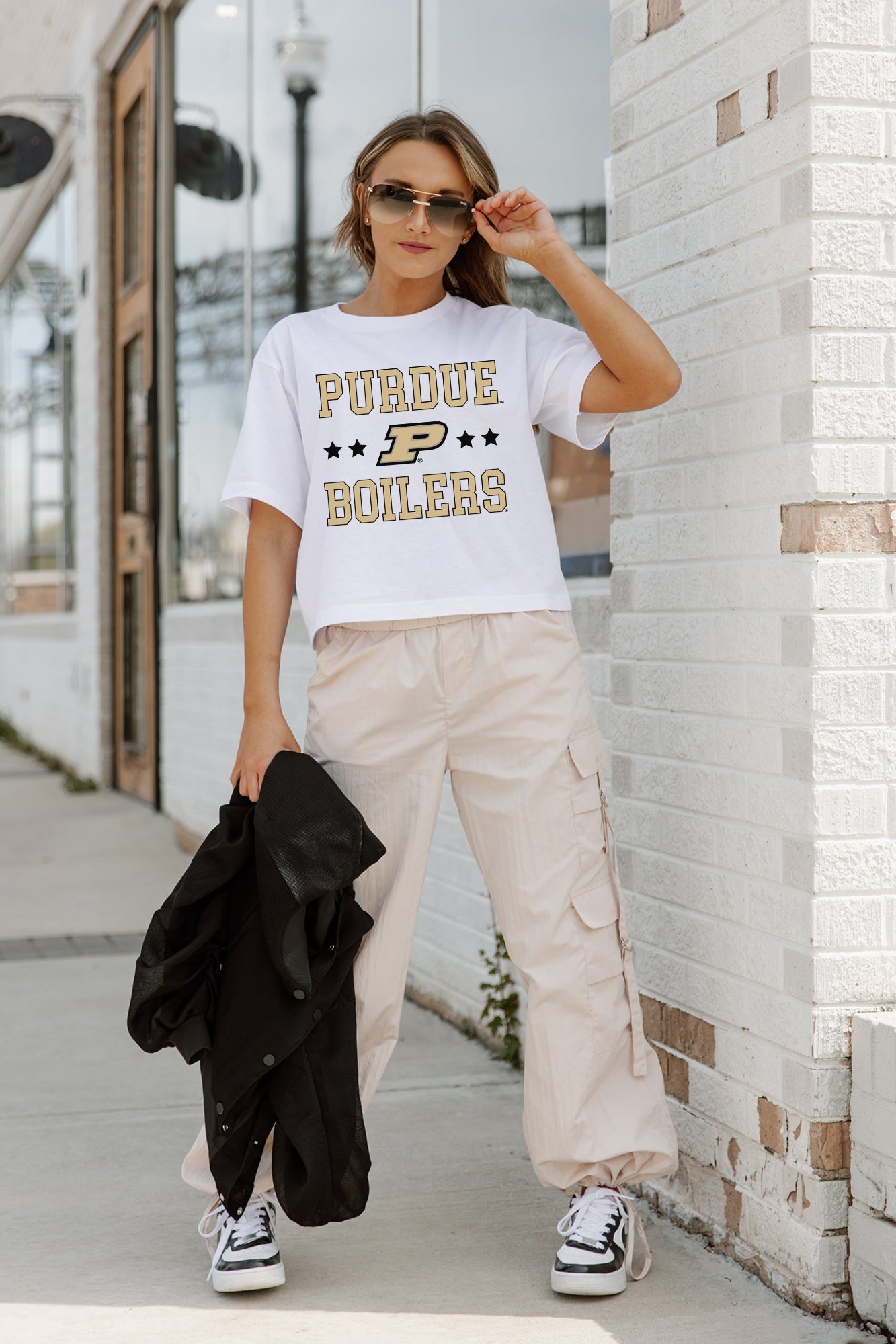 PURDUE BOILERMAKERS TO THE POINT BOXY FIT WOMEN'S CROP TEE