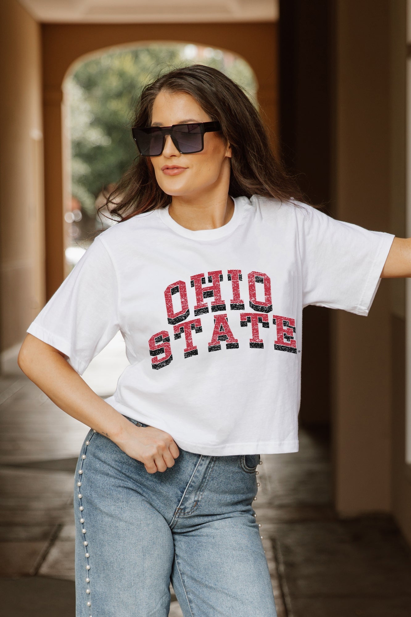 OHIO STATE BUCKEYES CLAIM TO FAME BOXY FIT WOMEN'S CROPPED TEE