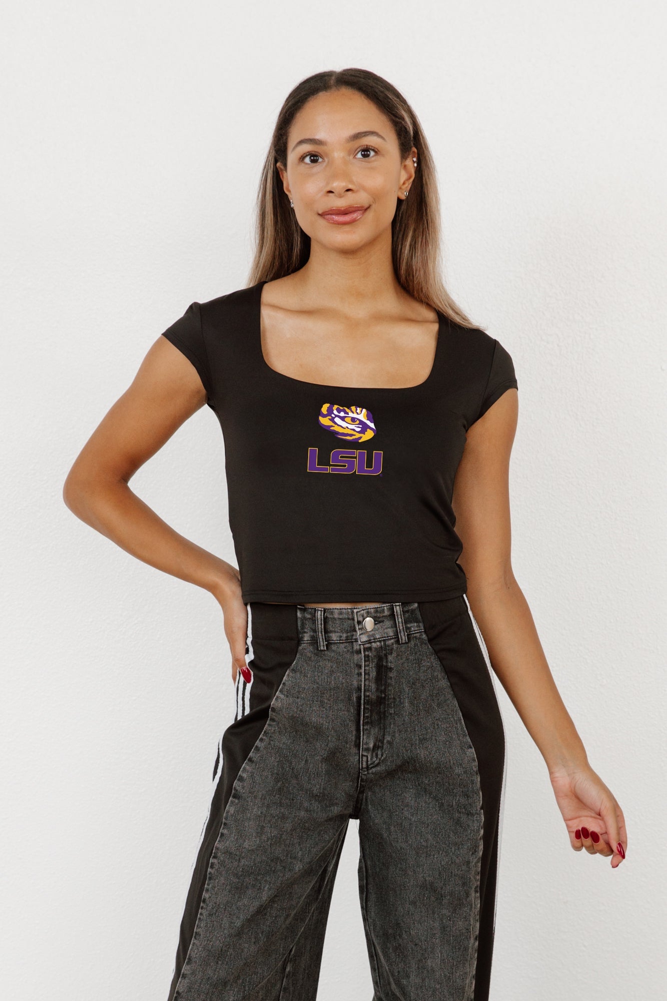 LSU TIGERS LEGACY LOOK ROUND NECK 90'S CROP TEE BY MADI PREWETT TROUTT