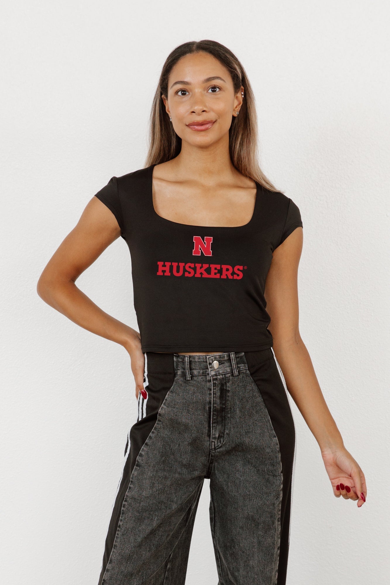 NEBRASKA CORNHUSKERS LEGACY LOOK ROUND NECK 90'S CROP TEE BY MADI PREWETT TROUTT