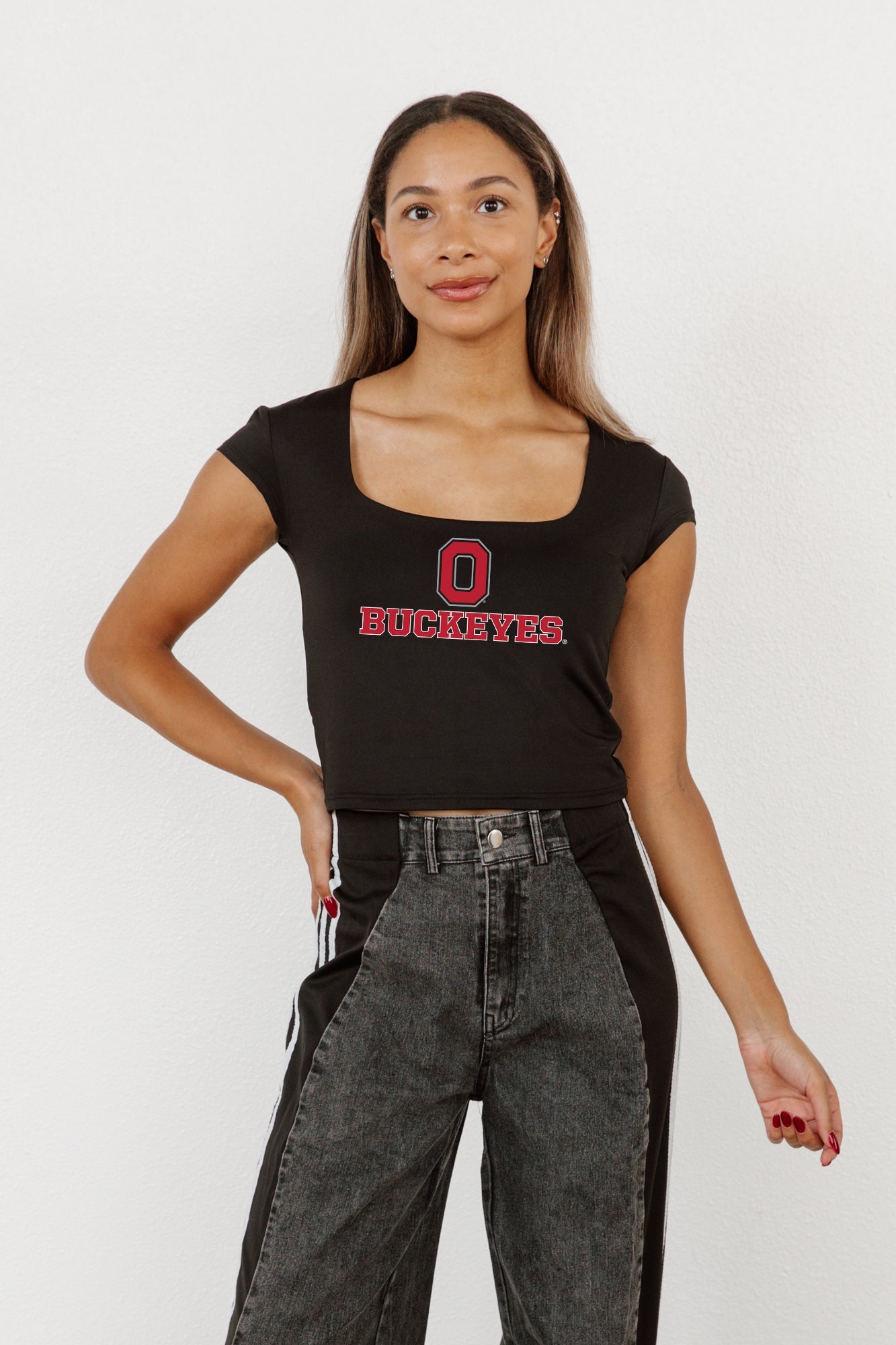 OHIO STATE BUCKEYES LEGACY LOOK ROUND NECK 90'S CROP TEE BY MADI PREWETT TROUTT