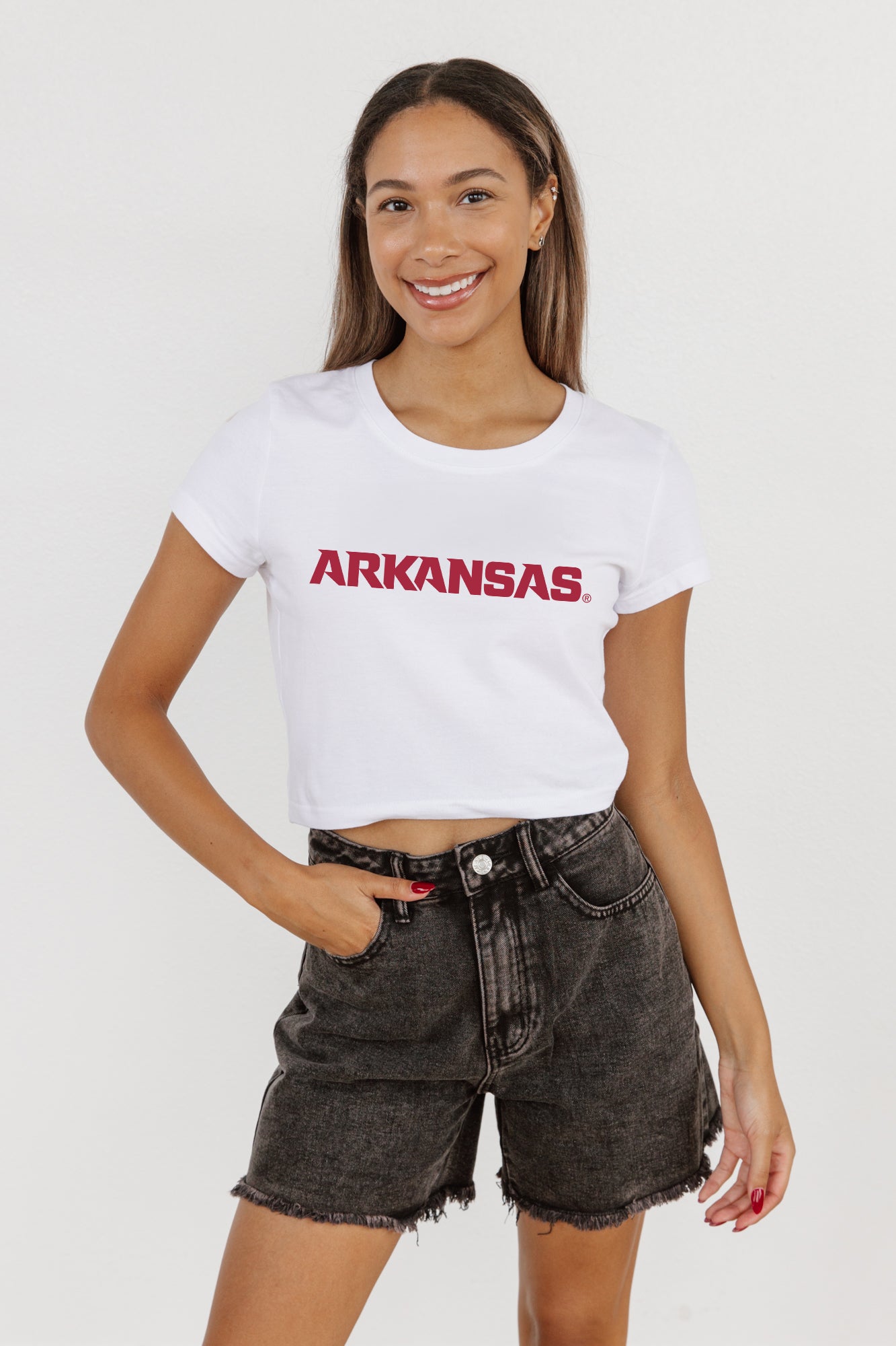 ARKANSAS RAZORBACKS VICTORY MARCH CLASSIC 90'S SHORT SLEEVE BABY CROP TEE BY MADI PREWETT TROUTT