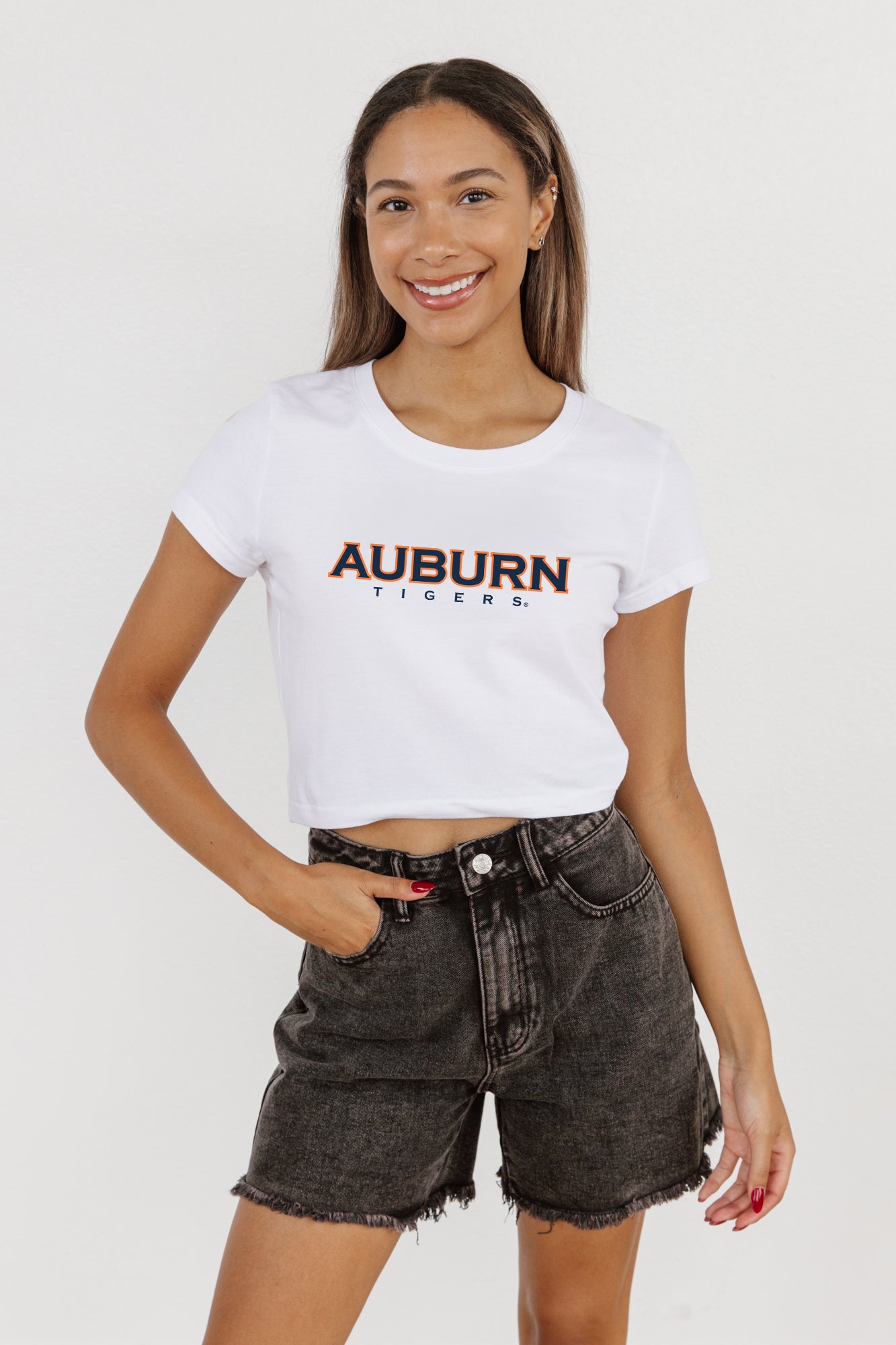 AUBURN TIGERS VICTORY MARCH CLASSIC 90'S SHORT SLEEVE BABY CROP TEE BY MADI PREWETT TROUTT