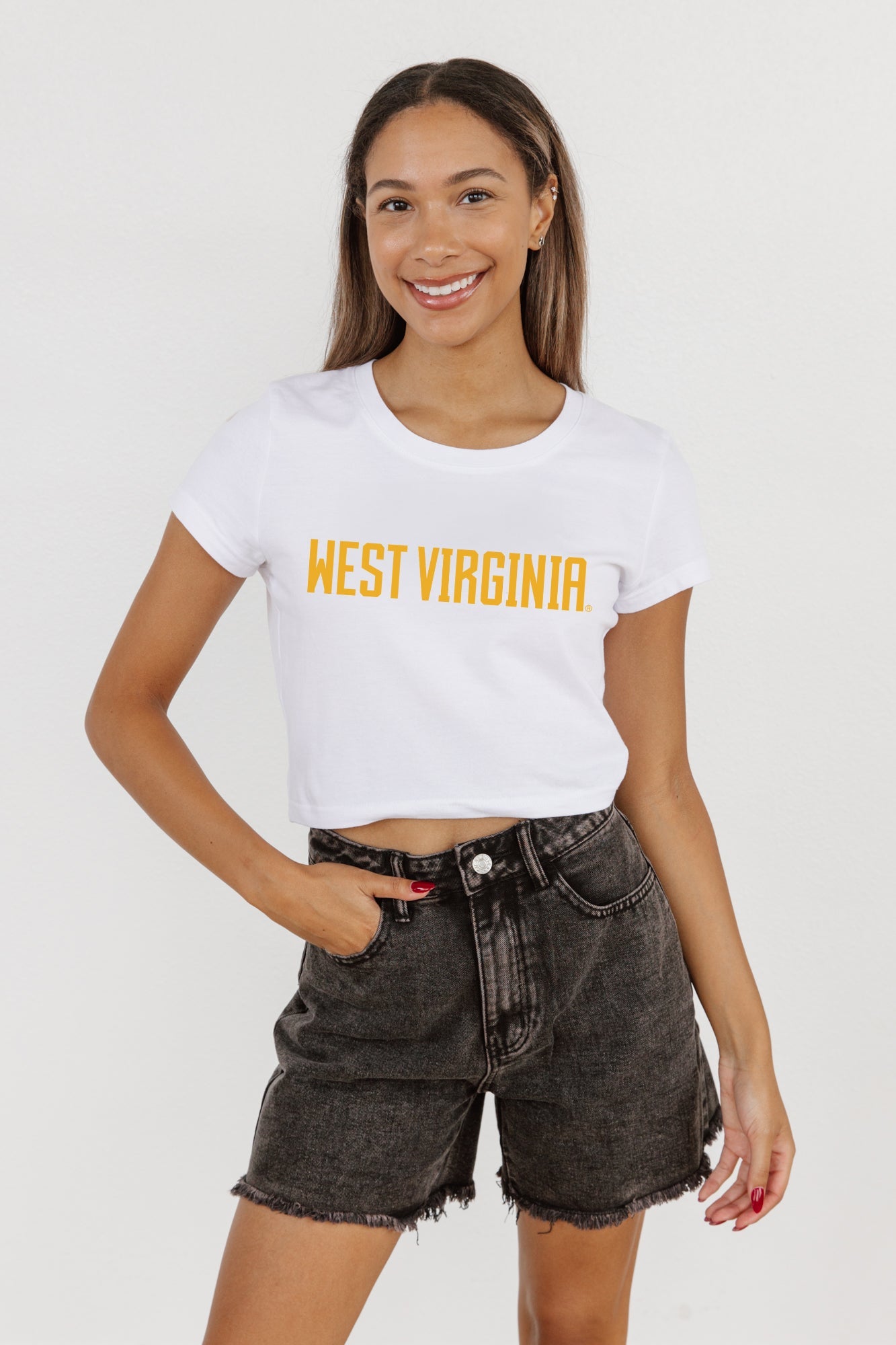 WEST VIRGINIA MOUNTAINEERS VICTORY MARCH CLASSIC 90'S SHORT SLEEVE BABY CROP TEE BY MADI PREWETT TROUTT