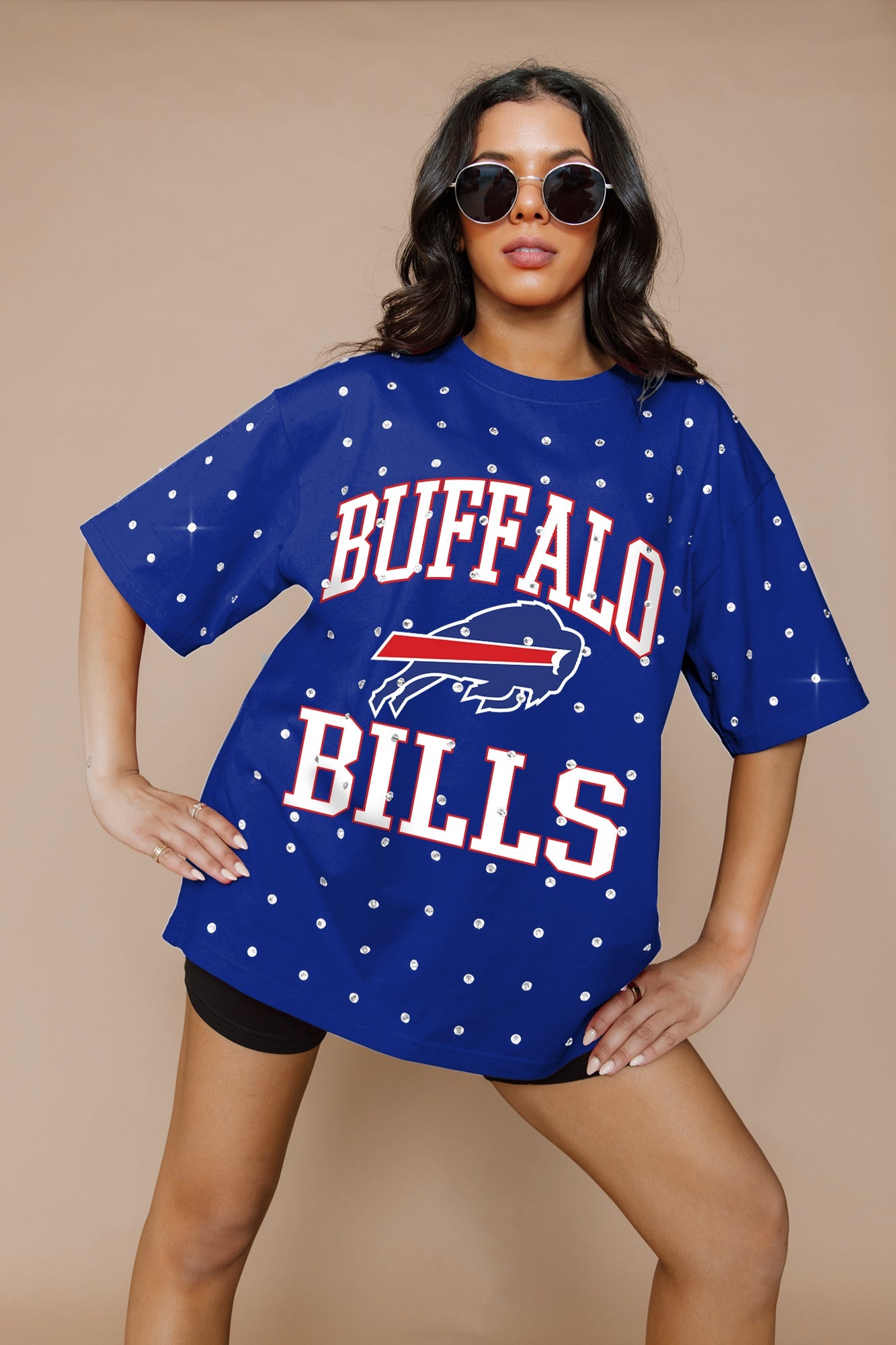 BUFFALO BILLS IN THE ZONE OVERSIZED ALL-OVER RHINESTONE SHORT SLEEVE GAMEDAY TEE