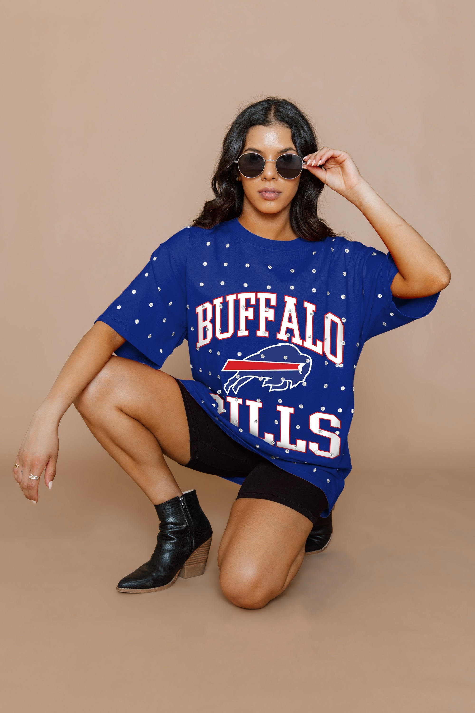 BUFFALO BILLS IN THE ZONE OVERSIZED ALL-OVER RHINESTONE SHORT SLEEVE GAMEDAY TEE