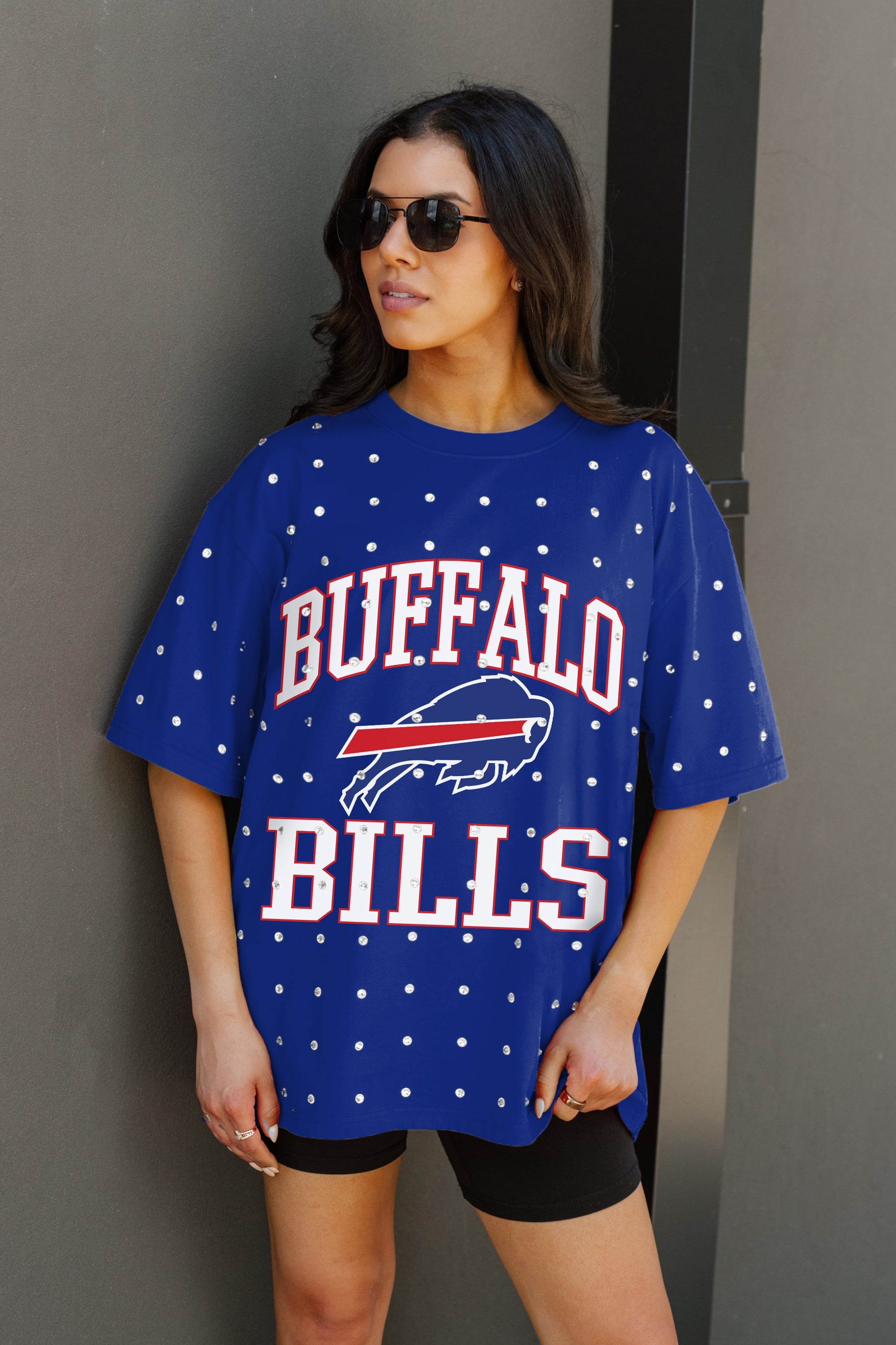 BUFFALO BILLS IN THE ZONE OVERSIZED ALL-OVER RHINESTONE SHORT SLEEVE GAMEDAY TEE